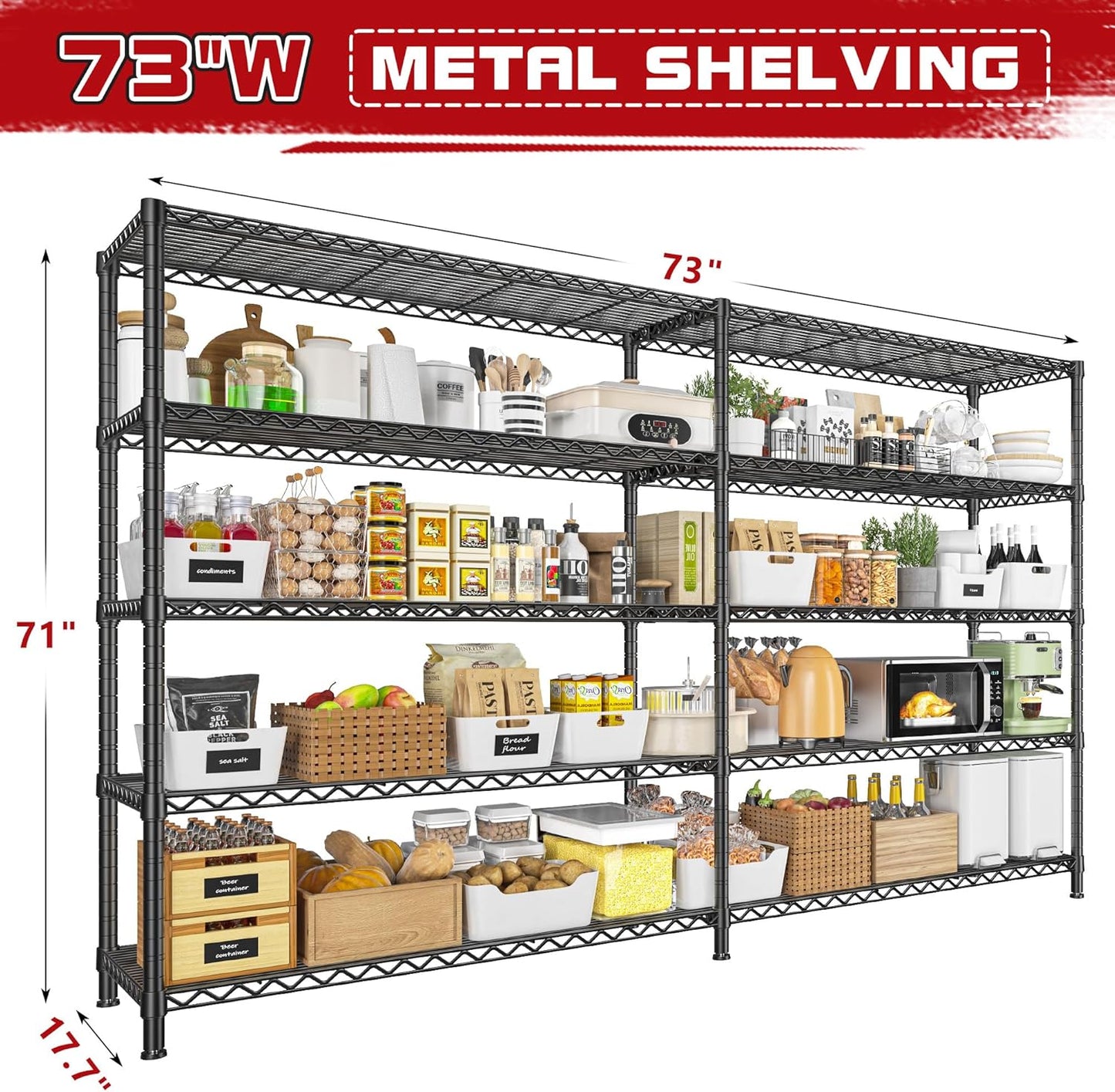 REIBII 73''W Storage Shelves Load 1650 LBS Metal Shelving 5-Tier Wire Shelving Unit, Adjustable Heavy Duty Metal Shelves Wire Shelf for Pantry Kitchen Industrial Garage, 17.7" D x 73" W x 71" H