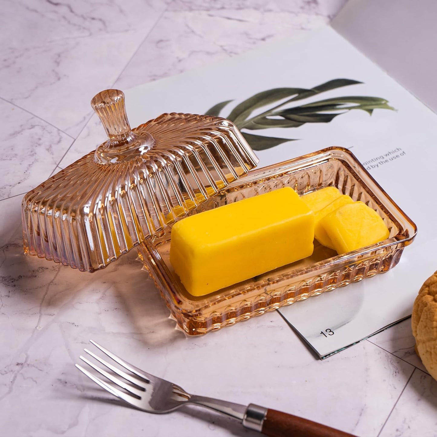Glass Butter Dish with Lid for Countertop, Champagne Color Striped Crystal Covered Butter Holder Tray Container