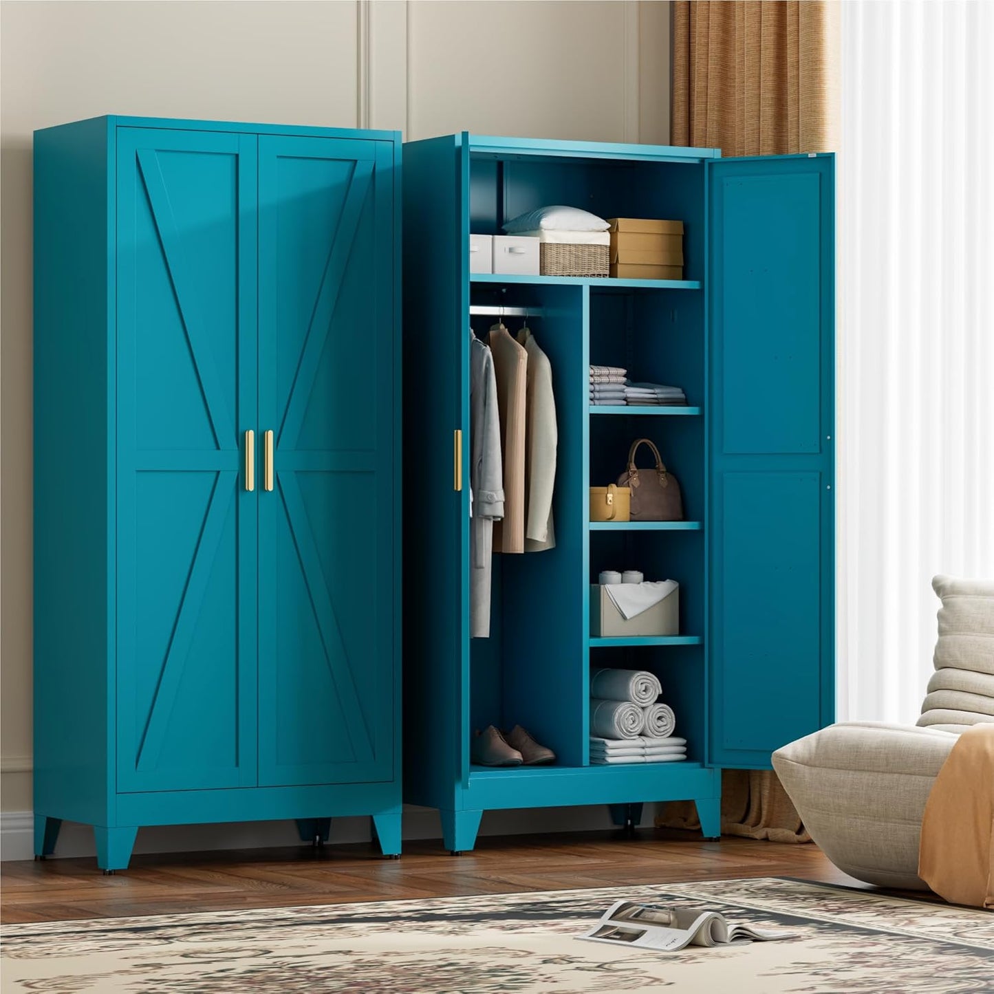 71" Tall Metal Wardrobe Closet with Adjustable Shelves and Hanging Rod, 2 Doors Office Storage Locker Cabinet for Home, Office, Bedroom, Laundry Room, Blue