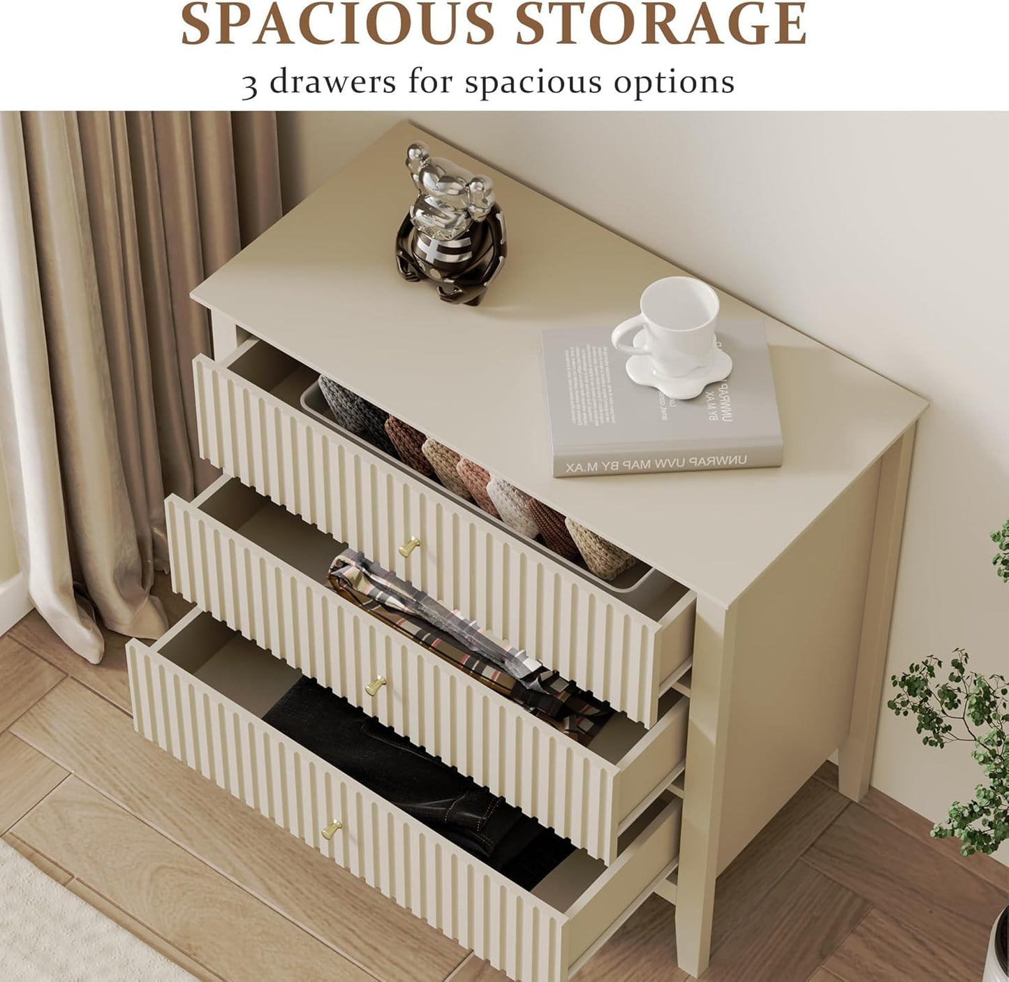 RoyalCraft Beige Fluted 3 Drawer Dresser, 32 inch Wide Dresser Nightstand for Bedroom, Modern Wood Chest of Drawers, Large Painted Nightstand with 3 Drawers for Closet, Hallway, Entryway