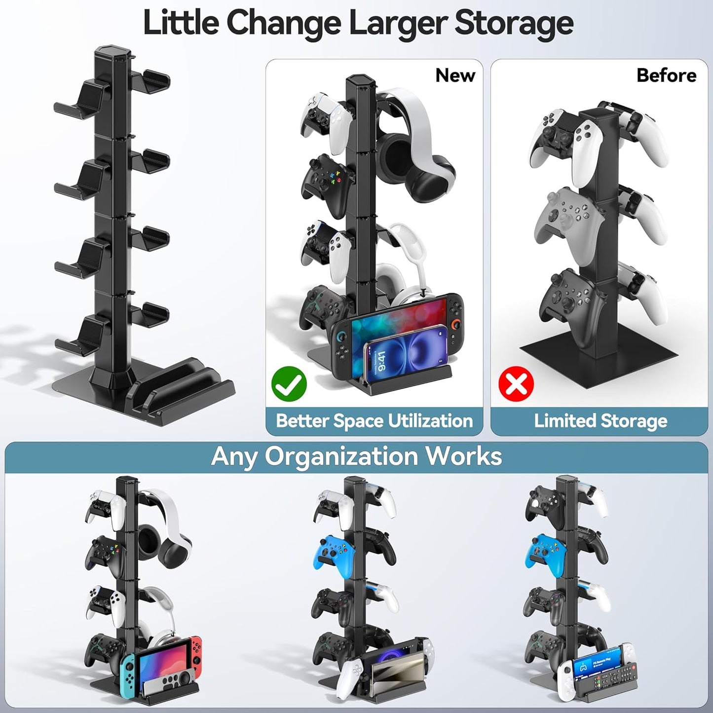 Gaming Headset & Controller Holder Stand for Gamer Gift, Gaming Headphone Desk Organizer Storage with Cable Hook for Xbox/ PS5/ PS4/ Controller, Nintendo Switch 1/ 2/ PS Portal Console/ Remote & Phone