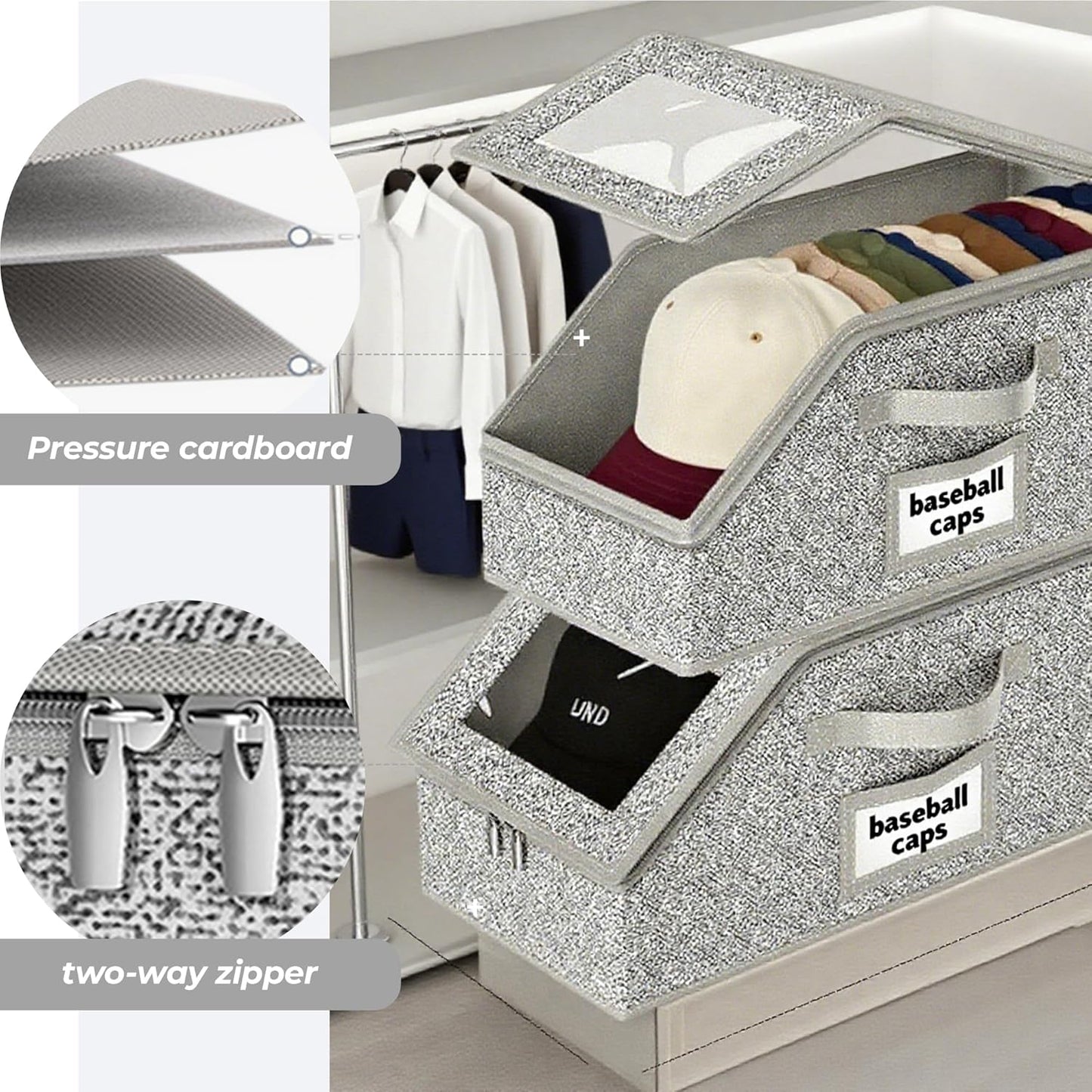 2 Pack Hat Organizer Box for Women & Men, Foldable Storage Box with Clear Lid for Baseball, Cowboy Caps, Stackable Clear Hat Organizer, Store up to 28 Caps, Grey