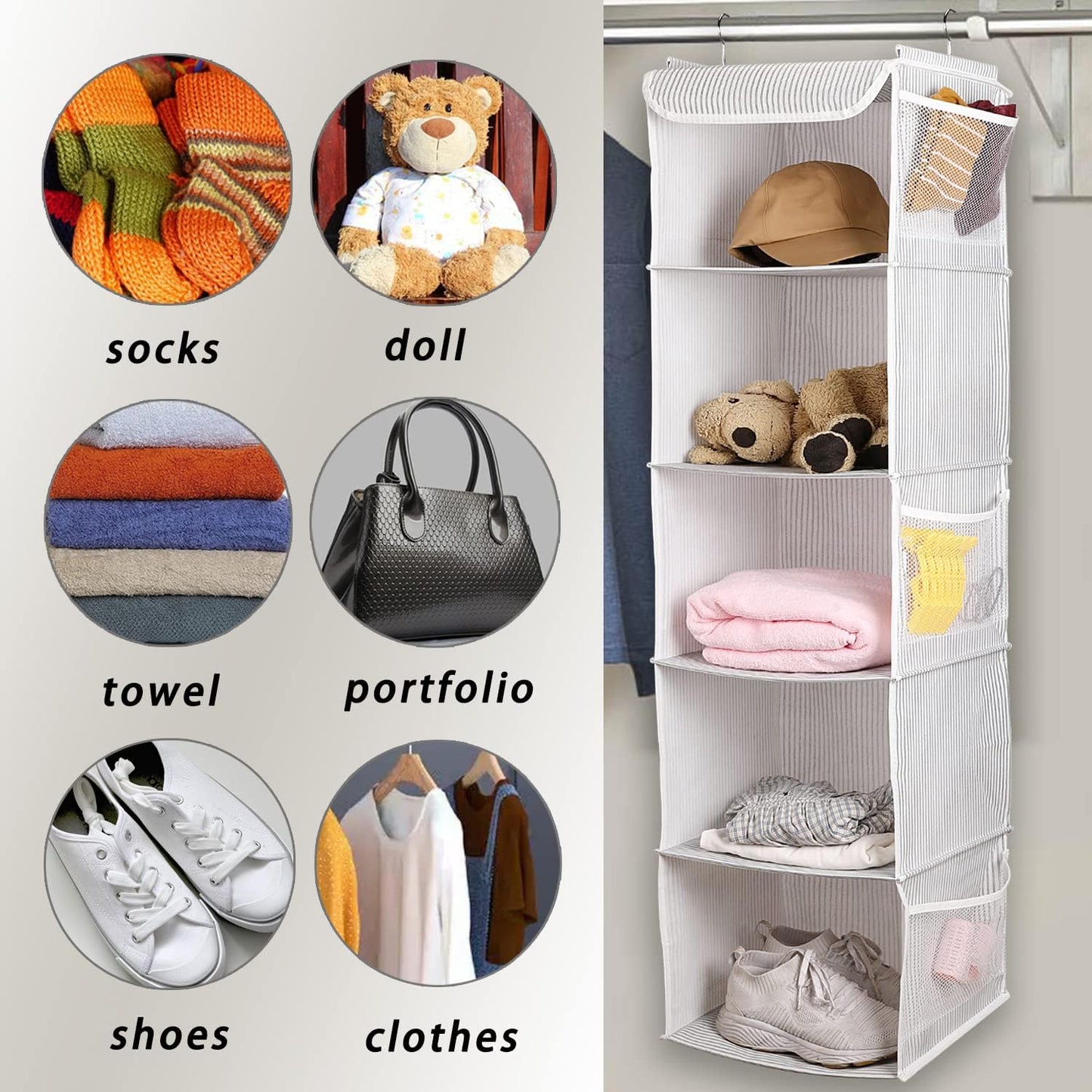 5 Shelves Hanging Closet Organizer, 2 Pack Hanging Storage with 6 Side Pockets for Clothes Shoes, 43"x12"x12"(Strip)