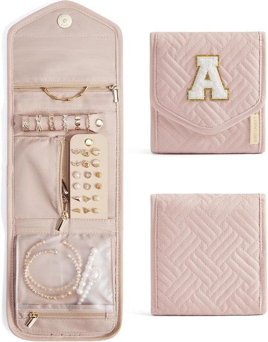 BAGSMART Travel Jewelry Organizer Case A Initial Foldable Jewelry Roll for Journey Rings, Necklaces, Earrings, Bracelets,Mini,Letter A,Soft Pink