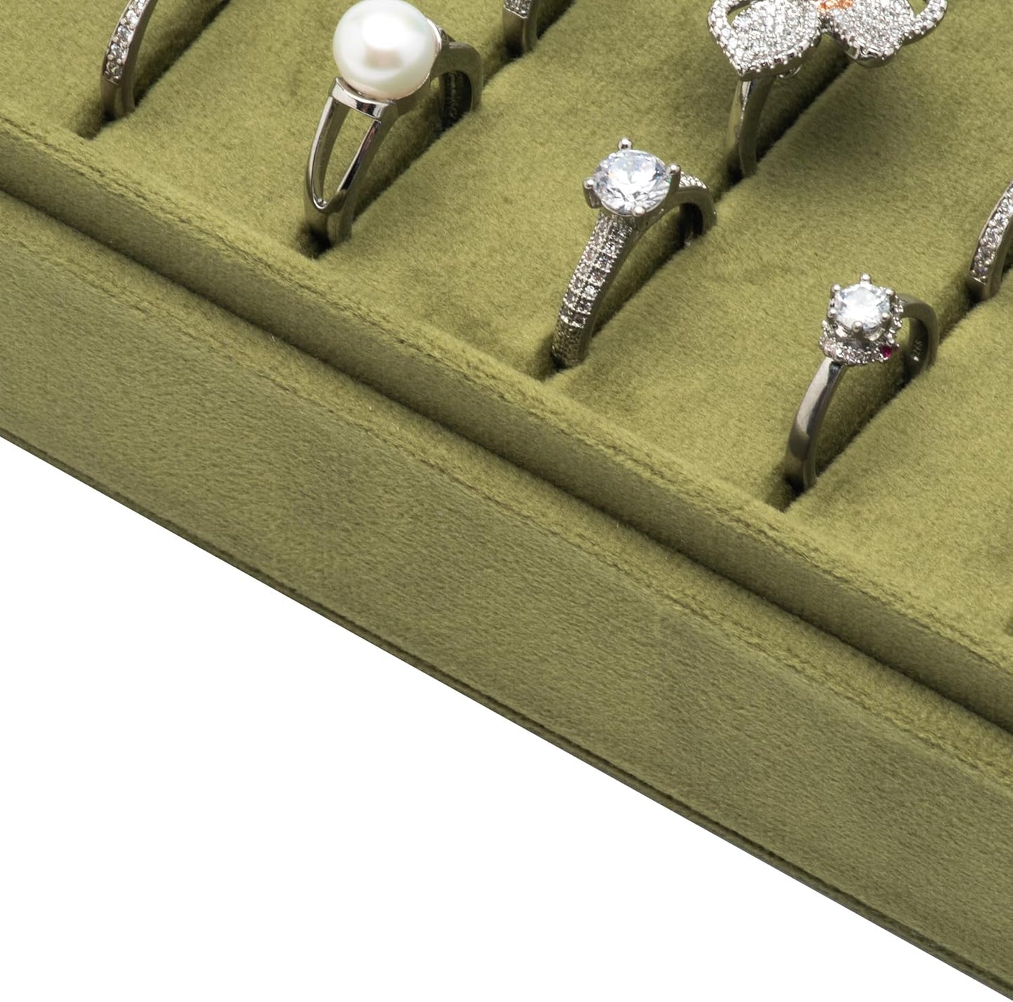 Velvet Ring Organizer Display Tray Jewelry Box Earring Holder Case for Wedding Birthday Christmas Day (Olive Green)