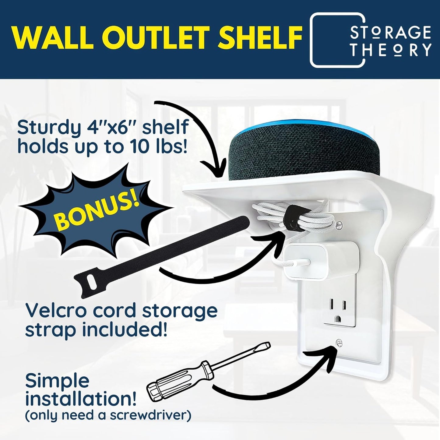 BeraTek Power Perch Wall Outlet Shelf with Cord Storage Strap - Declutter & Reclaim Bathroom Counter Space - Echo Dot Stand, Homepod Mini Wall Mount, Smart Home Devices Organizer - White, 4-Pack