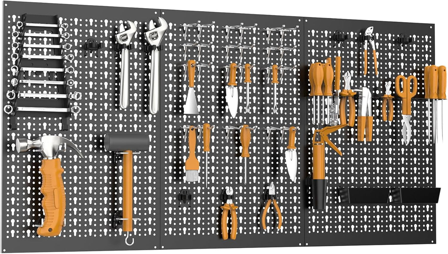 TORACK 3 PCS Metal Pegboard Panels for Garage Wall Utility Tools Storage Pegboard for Workbench, Modular Peg Board Tool Organizer Board Kit(Pack of 3, Black)