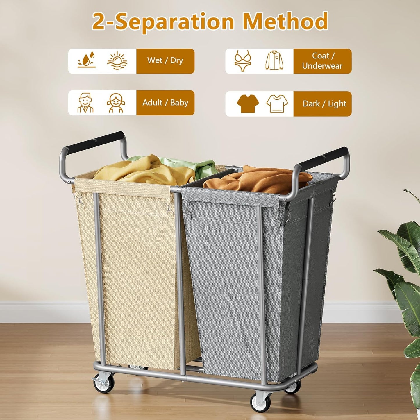 Large laundry hamper with Wheels, 2 Bag 360L Big Rolling Laundry Basket Sorter Cart, Extra Large Laundry Clothes Hamper, Heavy Duty Laundry Basket Organizer for Laundry Room,Bathroom