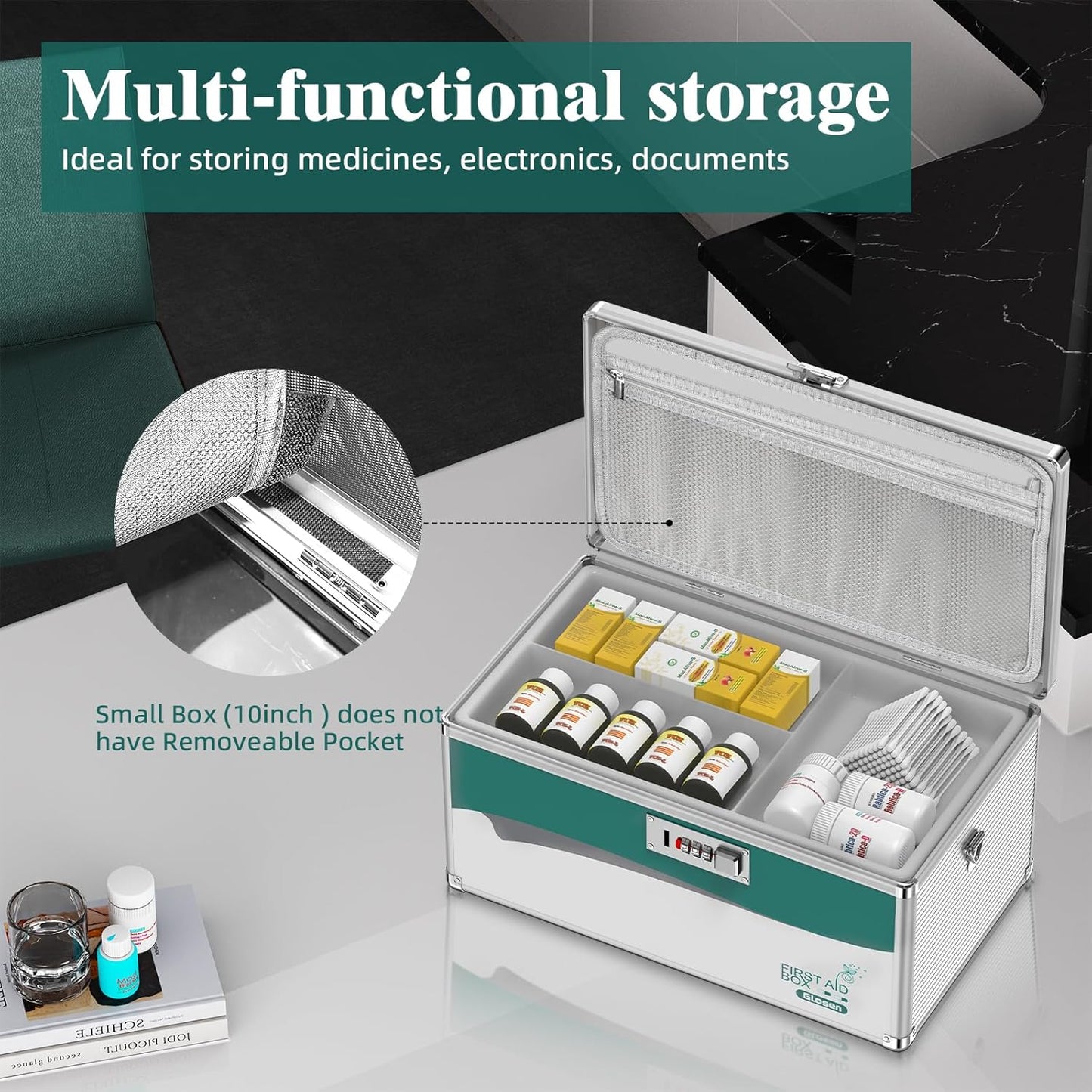Glosen Medicine Lock Box with Combination Lock,Medication lock box【Extra Large16 x 9.25 x 7.5 Inch】 medicine safe lock box,medical box organizer