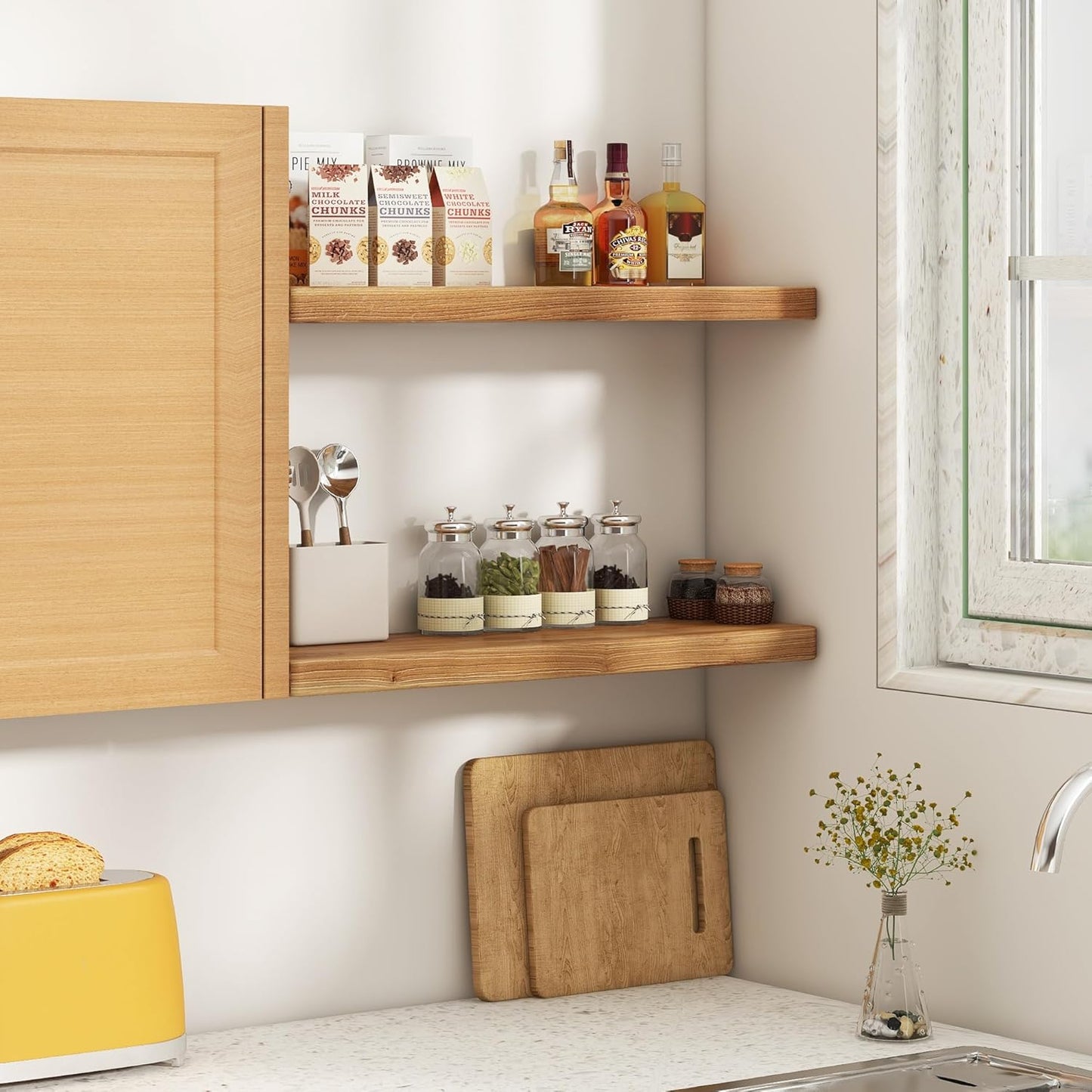 Floating Shelves 30" W x 8" D, Solid Elm Wood Shelves for Wall, 8 Inch Deep Floating Shelves for Home Storage & Display, Rustic Wooden Bathroom Shelves 30 Inch Long, Set of 2, Heavy-Duty Bookshelf