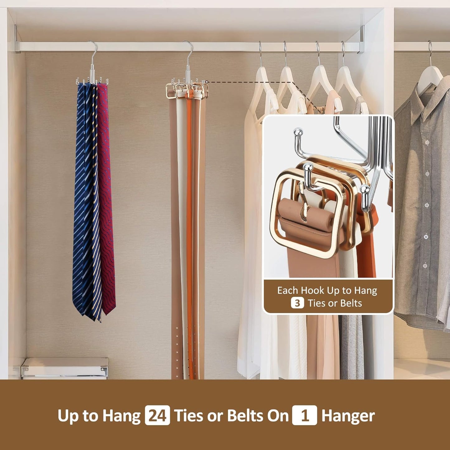 ZEDODIER Tie Hanger for Closet, 2 Pack Rotatable Tie Organizer for Men with 8 Hooks, Heavy Duty Space Saving Tie Rack for Ties and Belts, Silver