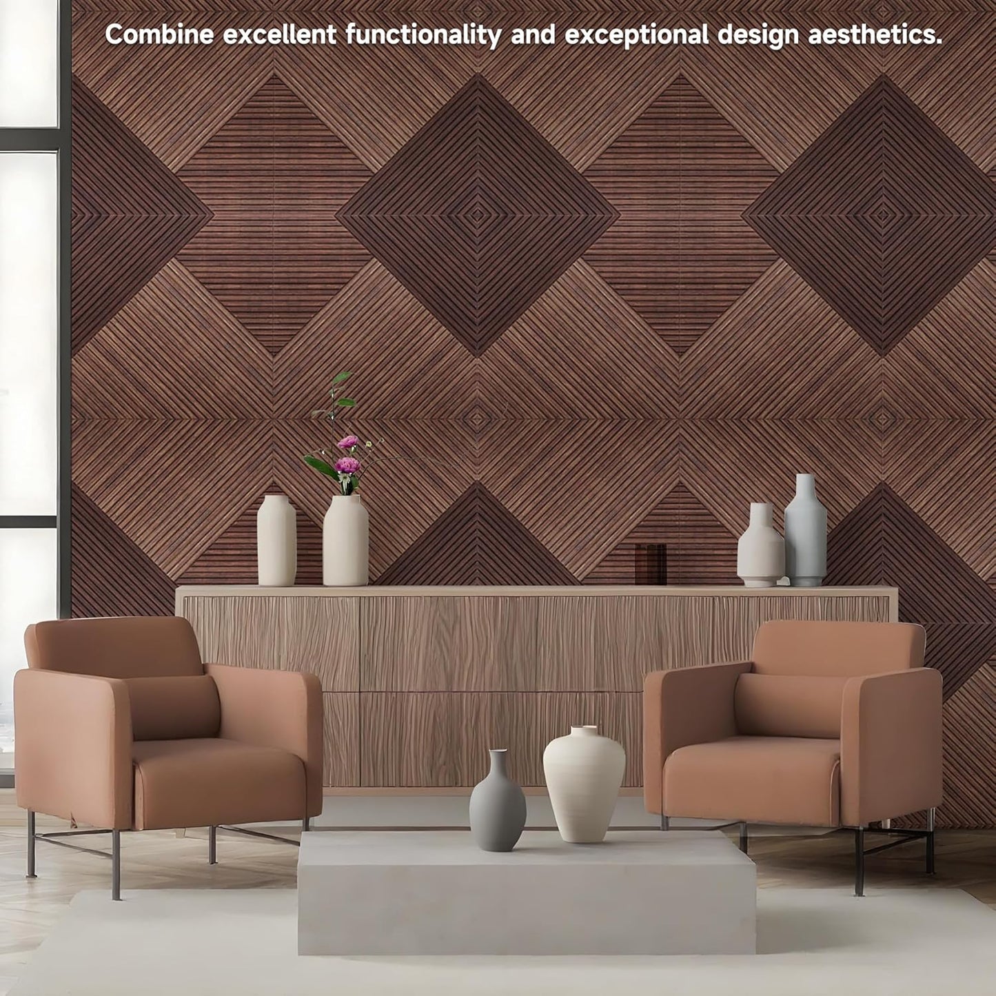 TO-TH Acoustic Panels for Wall and Ceiling - 6 Pack 2'x2'x0.4",Self-Adhesive 3D UV Printing Decorative Wall Panels with Wood Look,Red Sandalwood