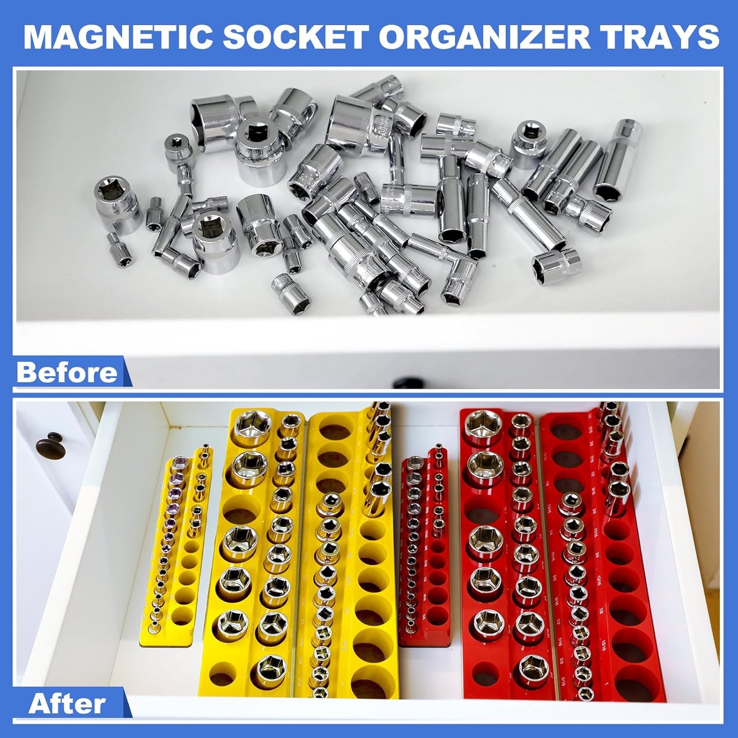 12 Pcs Magnetic Socket Organizer Set Compatible with SAE and Metric Magnetic Holders 1/4'', 3/8'', 1/2'' Drive Socket Trays Hold 286 Standard and Deep Size, No Sockets(Colors B)