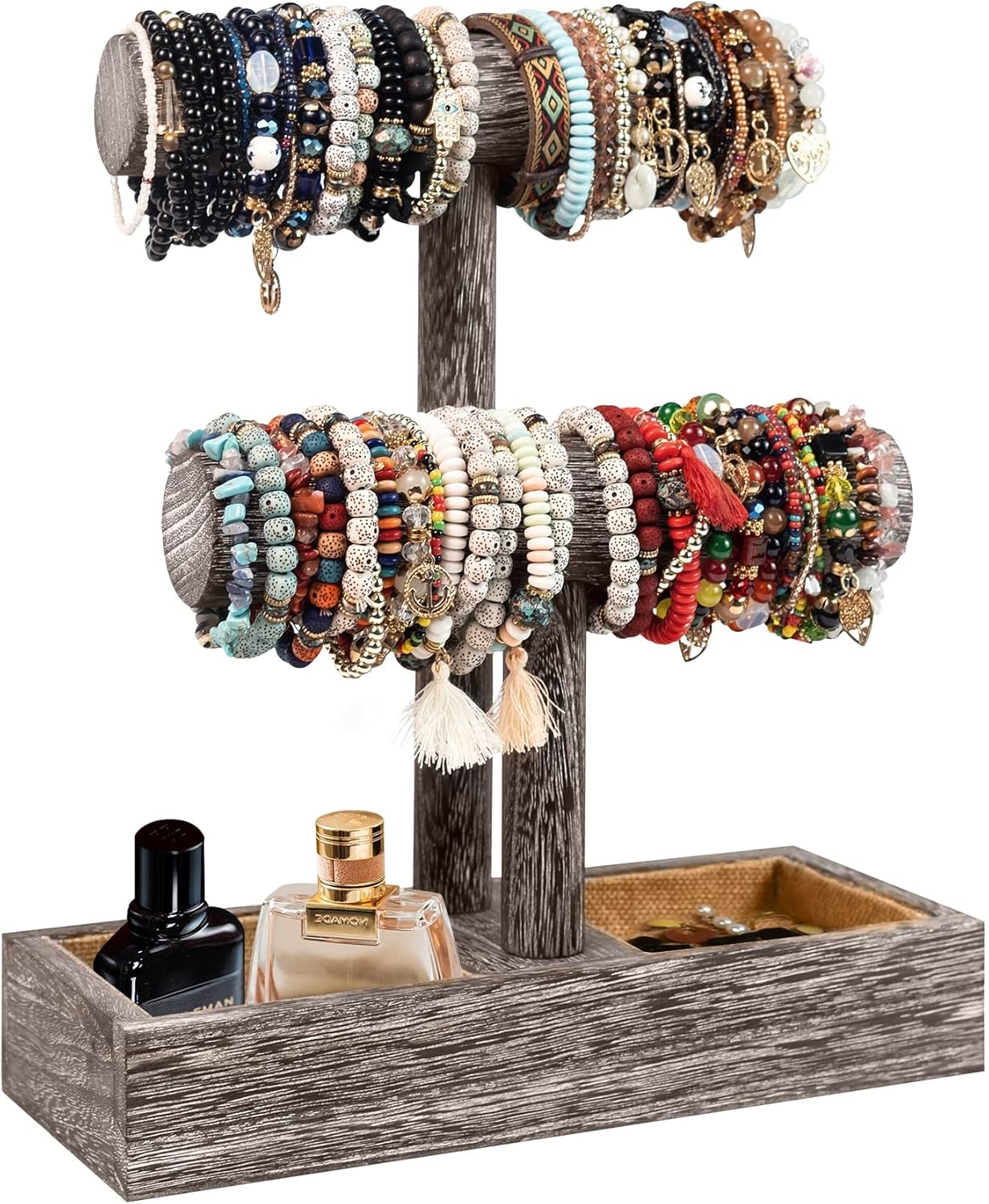 LadyRosian 2 Tier Wooden Display Jewelry Accessory Stand Jewelry Bracelet Holder Bangle Watch Necklace Storage Jewelry Holder Stand Display Organizer, (Antique White-2 layers)