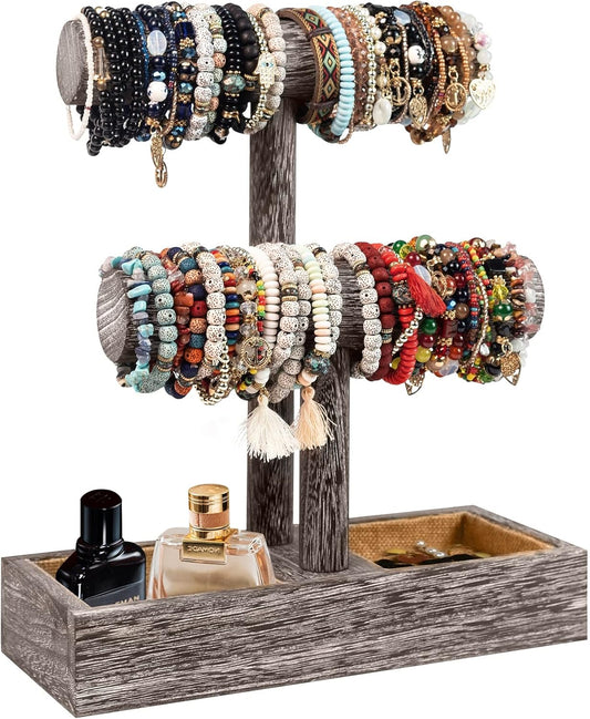 LadyRosian 2 Tier Wooden Display Jewelry Accessory Stand Jewelry Bracelet Holder Bangle Watch Necklace Storage Jewelry Holder Stand Display Organizer, (Antique White-2 layers)