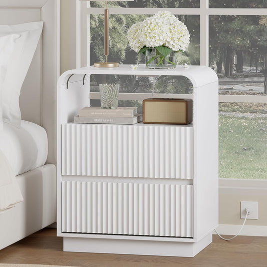 White Nightstand with Charging Station, Mid Century Modern Bedside Table & End Table, Fluted Wood Small Night Stand with 2 Hidden Drawers and Storage Shelf for Bedroom