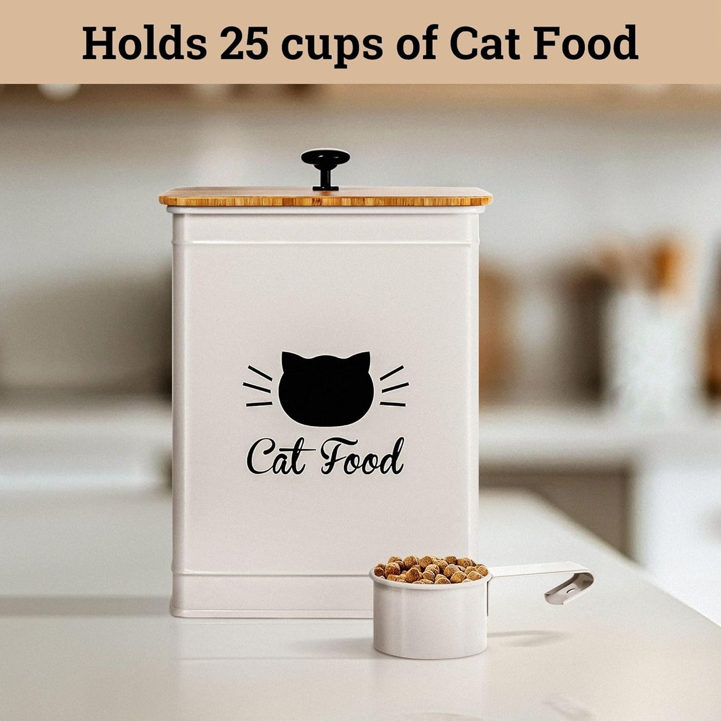 Cat Food Storage Container with Scoop - 5-7 lb (25 Cup) Capacity Metal Cat Food Container with Airtight Bamboo Lid and Metal Scoop - Airtight Pet Food Storage Containers 5 lb - 7 lb Kibble Container