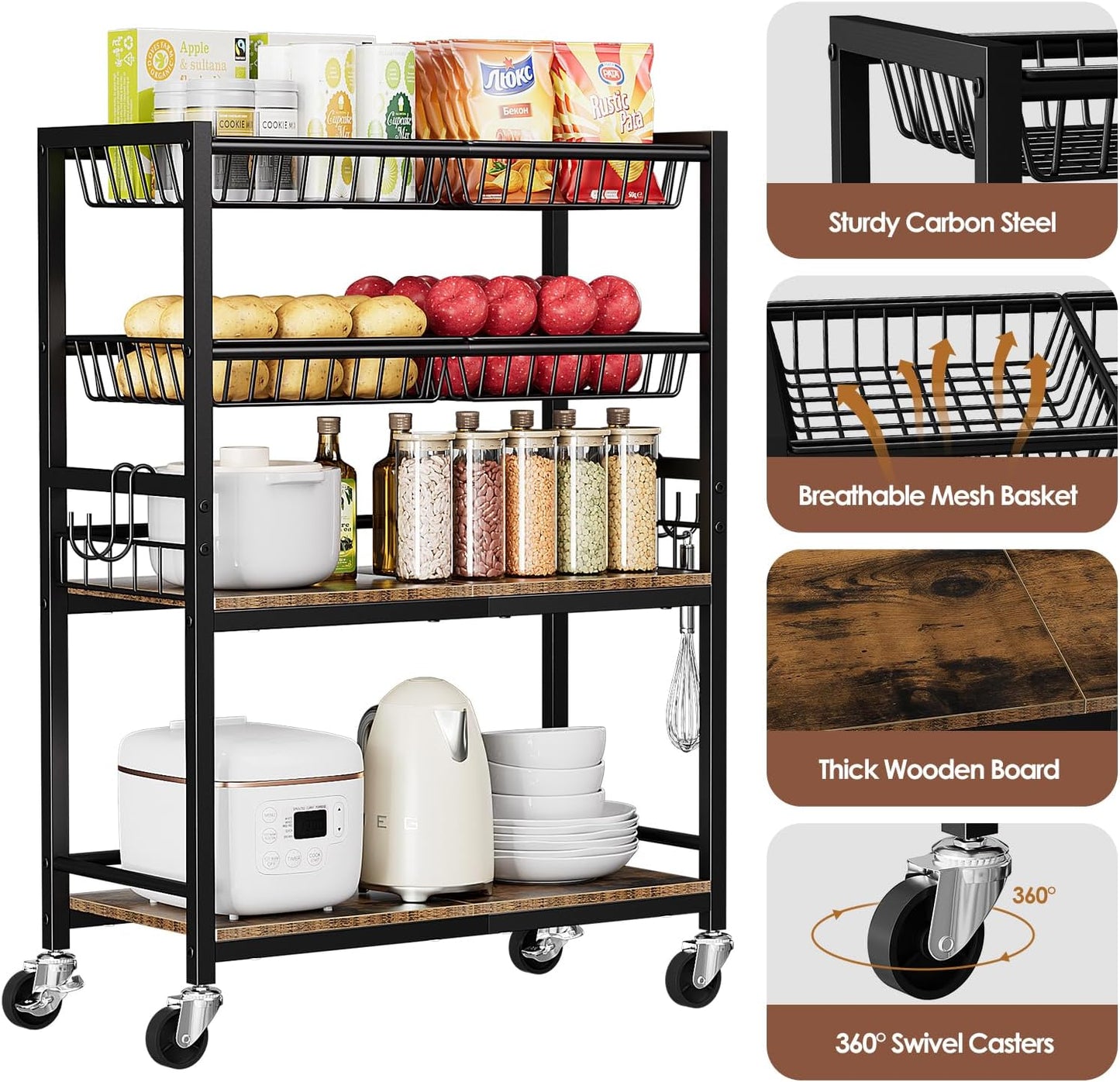 Kitchen Storage Cart, 4 Tier Utility Rolling Snack Cart, Fruit & Vegetables Basket Stand, Pantry Storage with 4 Detachable Mesh Basket for Kitchen, Bathroom, Living Room, Office, Balcony, Black