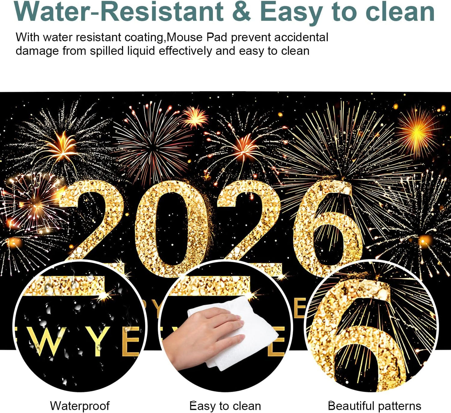 2026 Happy New Year Gaming Mouse Pad 35.4"x15.7"Desk Mat Anti-Slip Rubber Base & Durable Stitched Edges for Gamers Smooth Mouse Writing Surface for Desk Office/Home