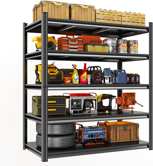Metal Garage Shelving Unit, Heavy Duty 5-Tier Adjustable Storage Rack, Steel Shelving, 3020 lbs Capacity, Industrial Shelves for Heavy Tools and Equipment, Ideal for Garage, Basement, Black, 72"