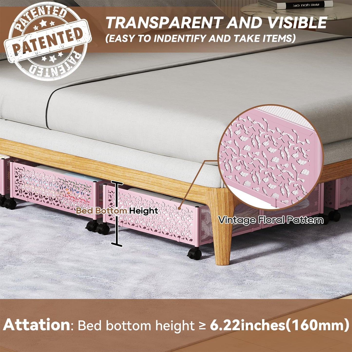 Under the Bed Storage Containers with Wheels, Under Bed Storage, Under Bed Shoe Storage Organizer Drawer, Tool-free Assembly Metal Underbed Storage Containers -Pink