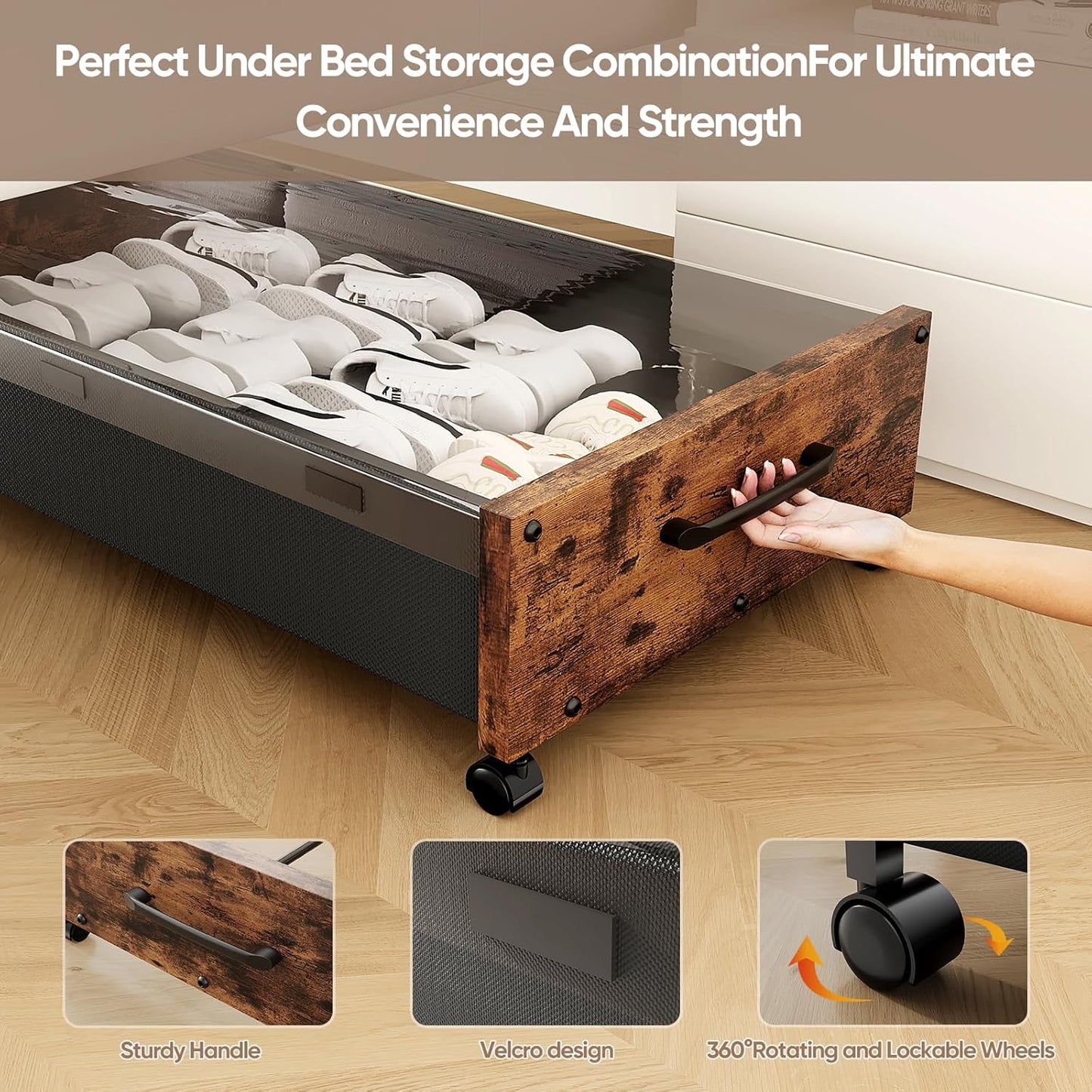 KITHELP Under Bed Storage with Wheels, Under Bed Shoe Storage, Under the Bed Storage Drawers with Remove Window, Extra Large Rolling Under Bed Storage Metal Drawer for Clothes (Black Wood-1pack)