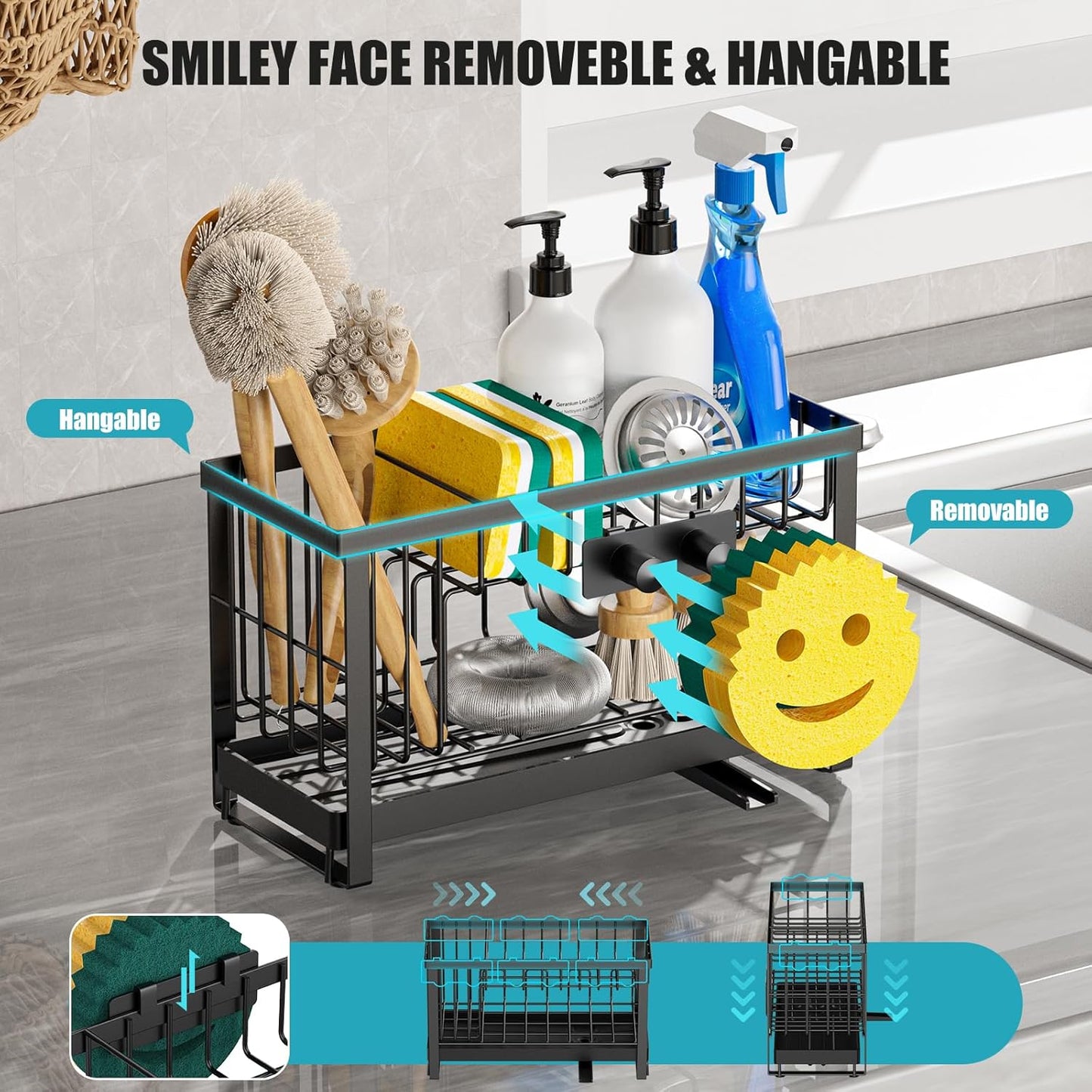 Sponge Holder for Kitchen Sink with Flexible Sponge Holder Smiley Face,2 Tier Kitchen Sink Organizer Countertop and Storage Essentials,Soap Dispenser Organize,Home Decor Accessories-Black