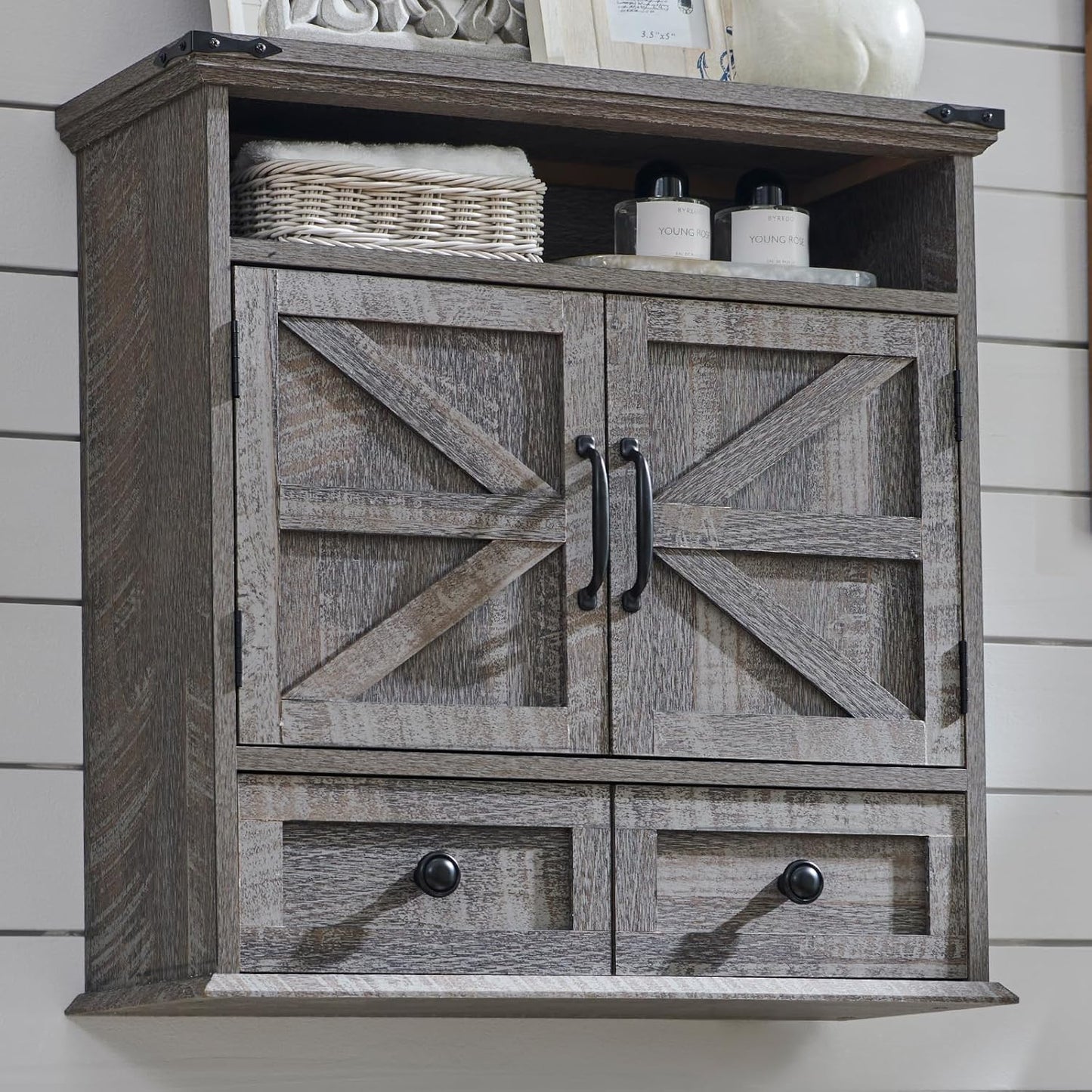 ACCOHOHO Bathroom Wall Cabinet, Farmhouse Medicine Cabinet, 24" Wide Cabinet with Drawer, Adjustable Shelf, Double Barn Doors, Storage Cabinet for Bathroom, Kitchen, Living Room, Grey Wash
