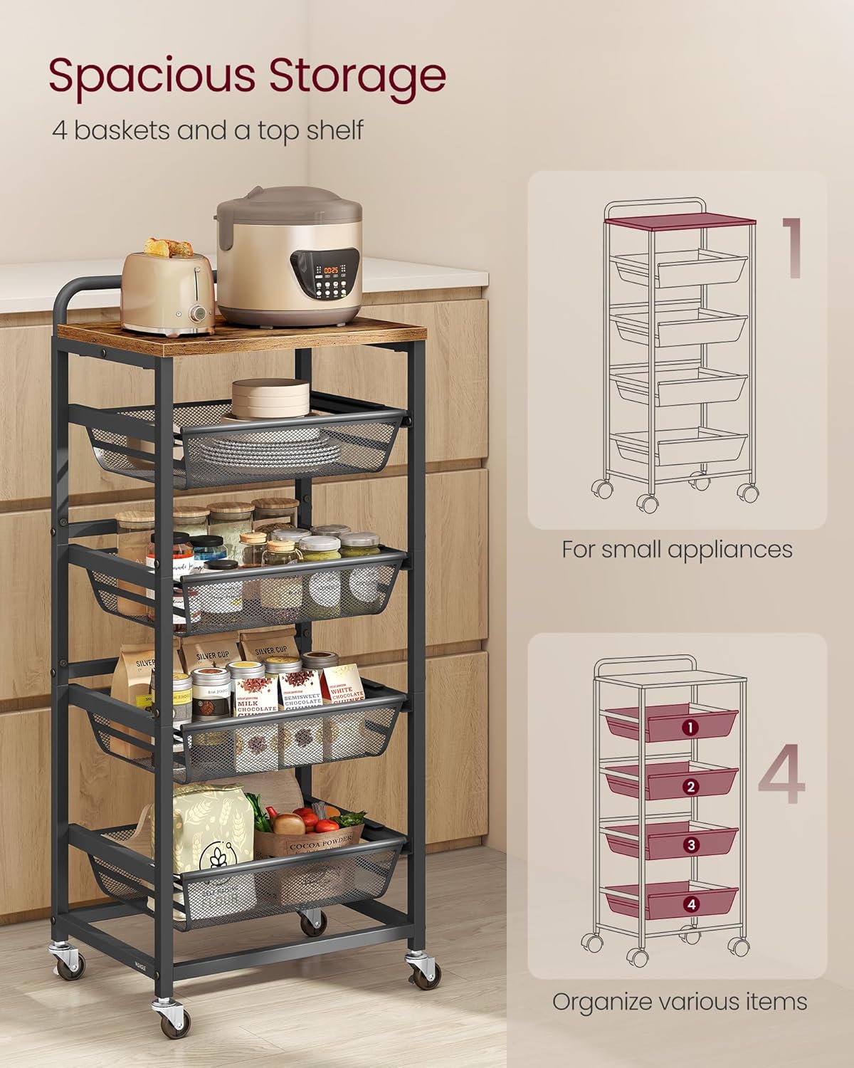 VASAGLE Storage Cart with Pull-Out Baskets, 5-Tier Kitchen Cart with Wheels, Handle, 12.5 x 15.8 x 37.4 Inches, Rustic Brown and Ink Black ULRC041K01