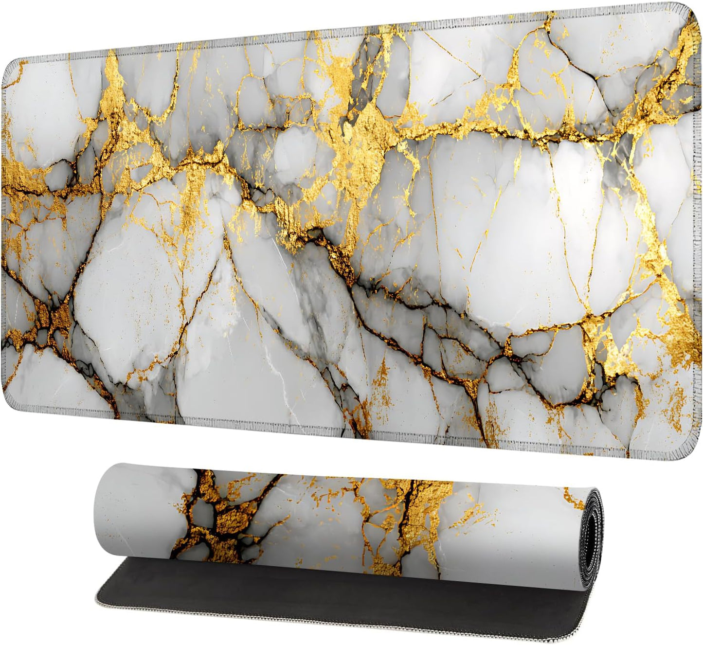 White Marble Mouse Pad – Large Extended Desk Mat 31.5 x 11.8 in– Elegant Gold Vein Design, Non-Slip Rubber Base, Waterproof Surface, Keyboard & Mouse Pad for Office, Gaming, Home Decor