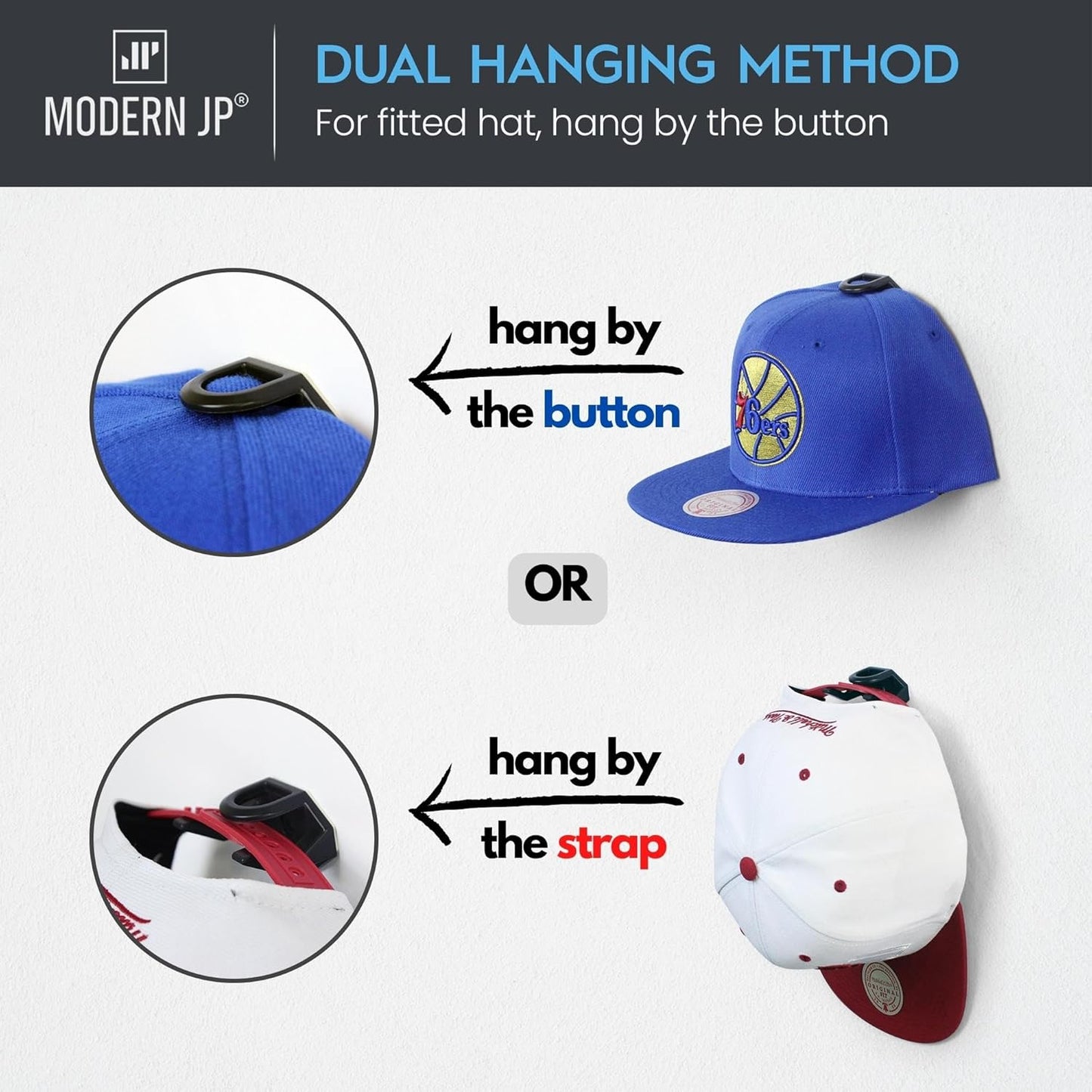 Modern JP Adhesive Hat Hooks for Wall (32-Pack) - Hat Rack for Baseball Caps, Minimalist Hat Display, Strong Hold Hat Hangers for Wall - USA Patented, Black