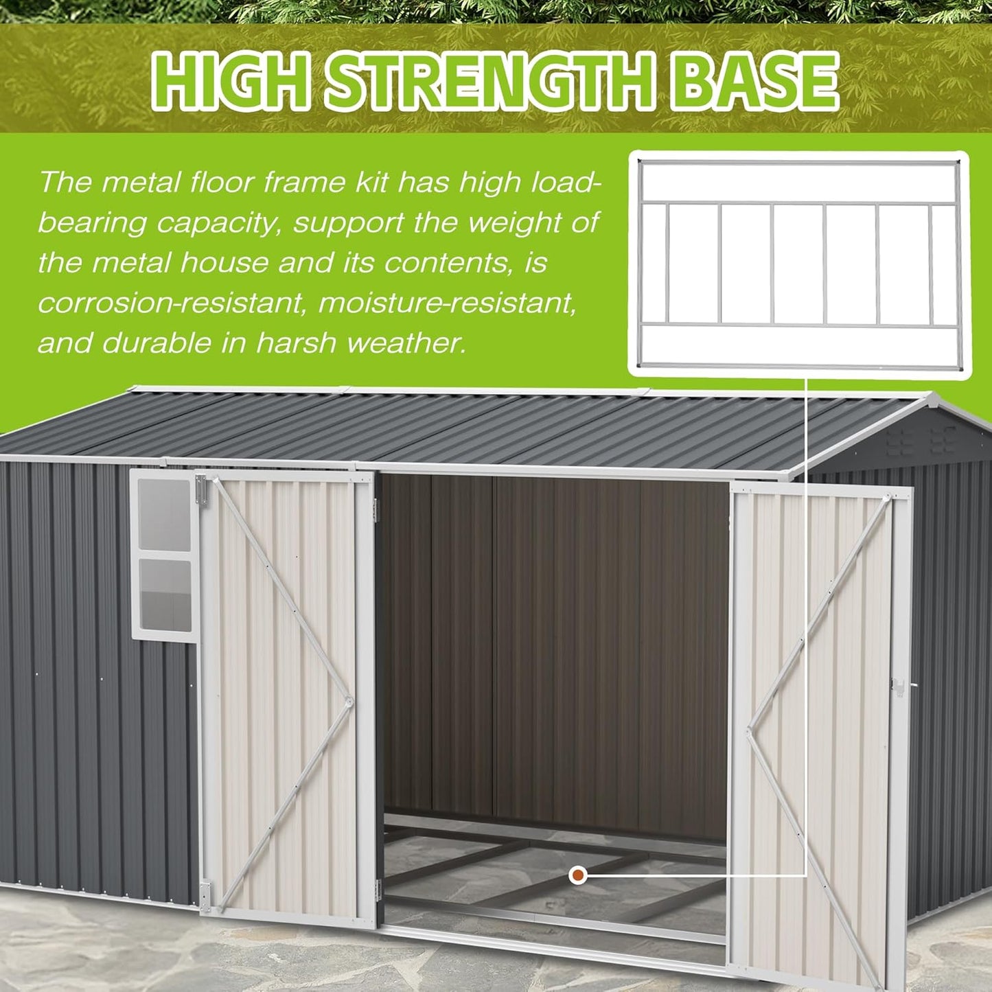 8x12 FT Outdoor Metal Storage Shed with Window & Floor Frame, Lockable Double Doors, Weatherproof Steel Tool Shed for Garden, Backyard, Lawn Equipment, and Patio Storage