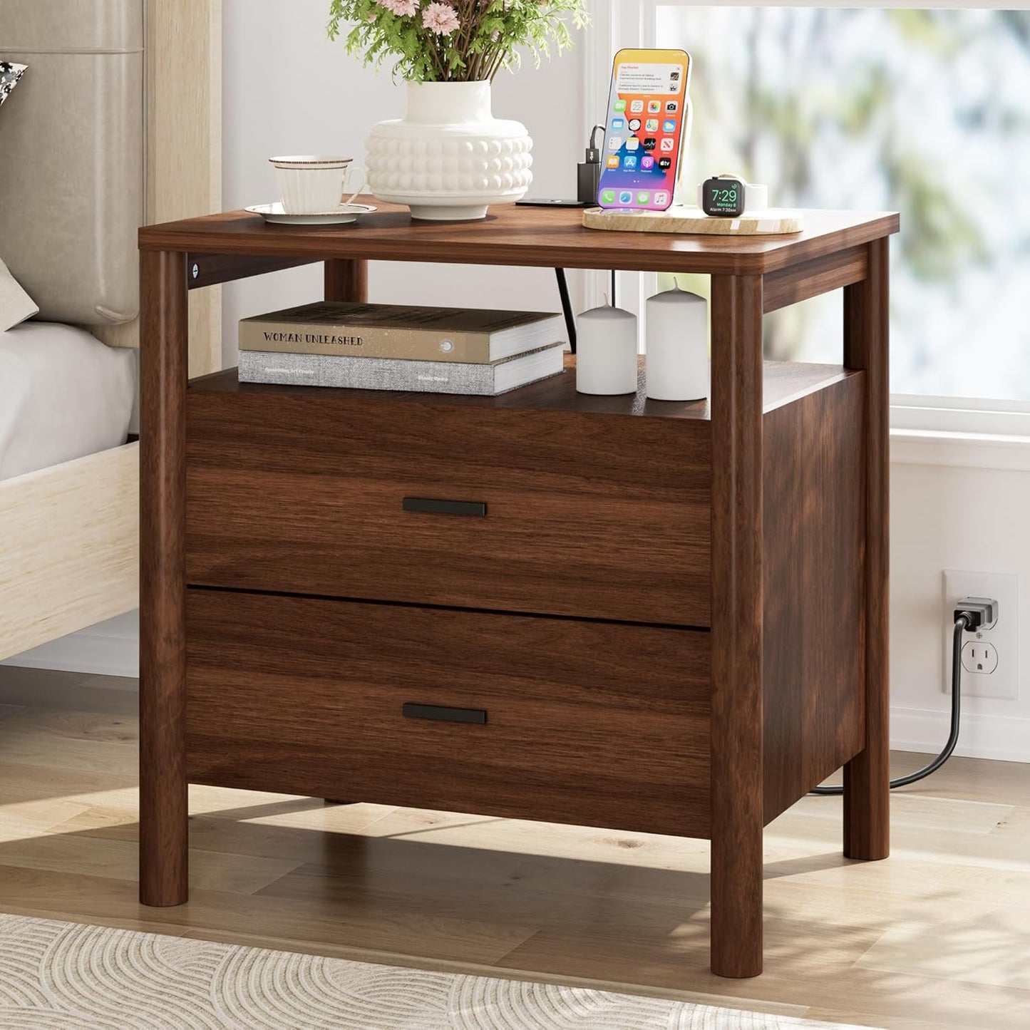 Night Stand with Charging Station, 24" Large Modern Side Table with Solid Round Post Legs, 2 Drawers Nightstand with Open Shelf, End Table/Bedside with Storage for Bedroom, Walnut