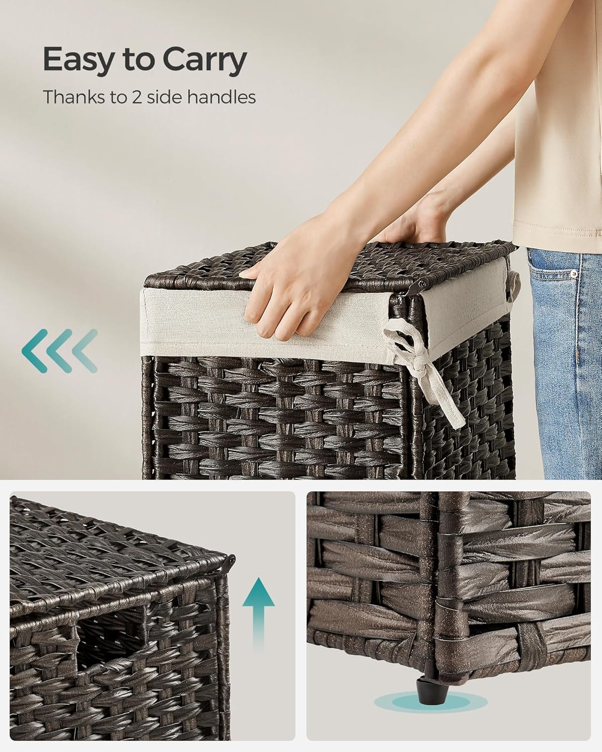SONGMICS Storage Basket with Lid, Woven Blanket Storage Bin with Handles, Foldable, Removable Liner, Metal Frame, for Bedroom, Laundry Room, 9.2 Gallons (35 L), Brown URST040K01