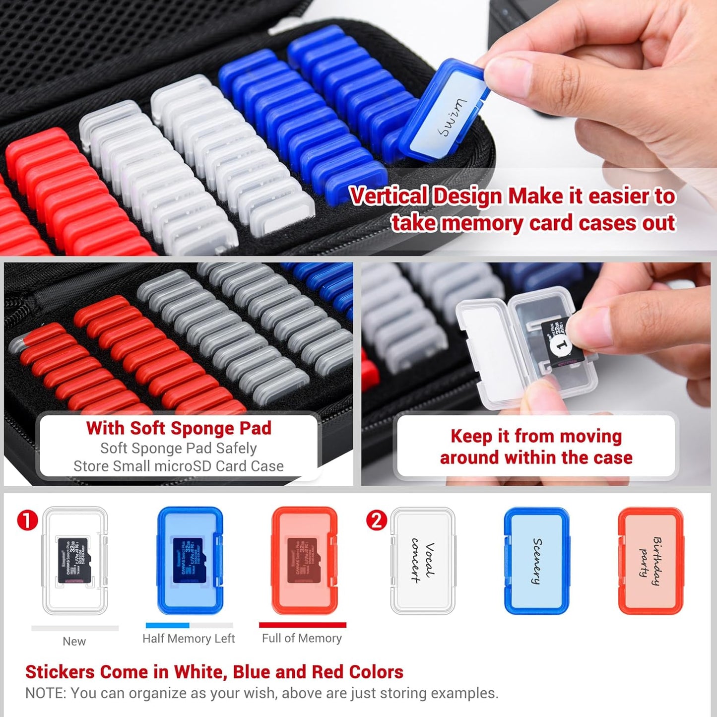 EVA PU Micro SD Card Case with 60 Individual Plastic TF Card Holders - Water-Resistant, Anti-Shock Carrying Organizer with Handle & Label