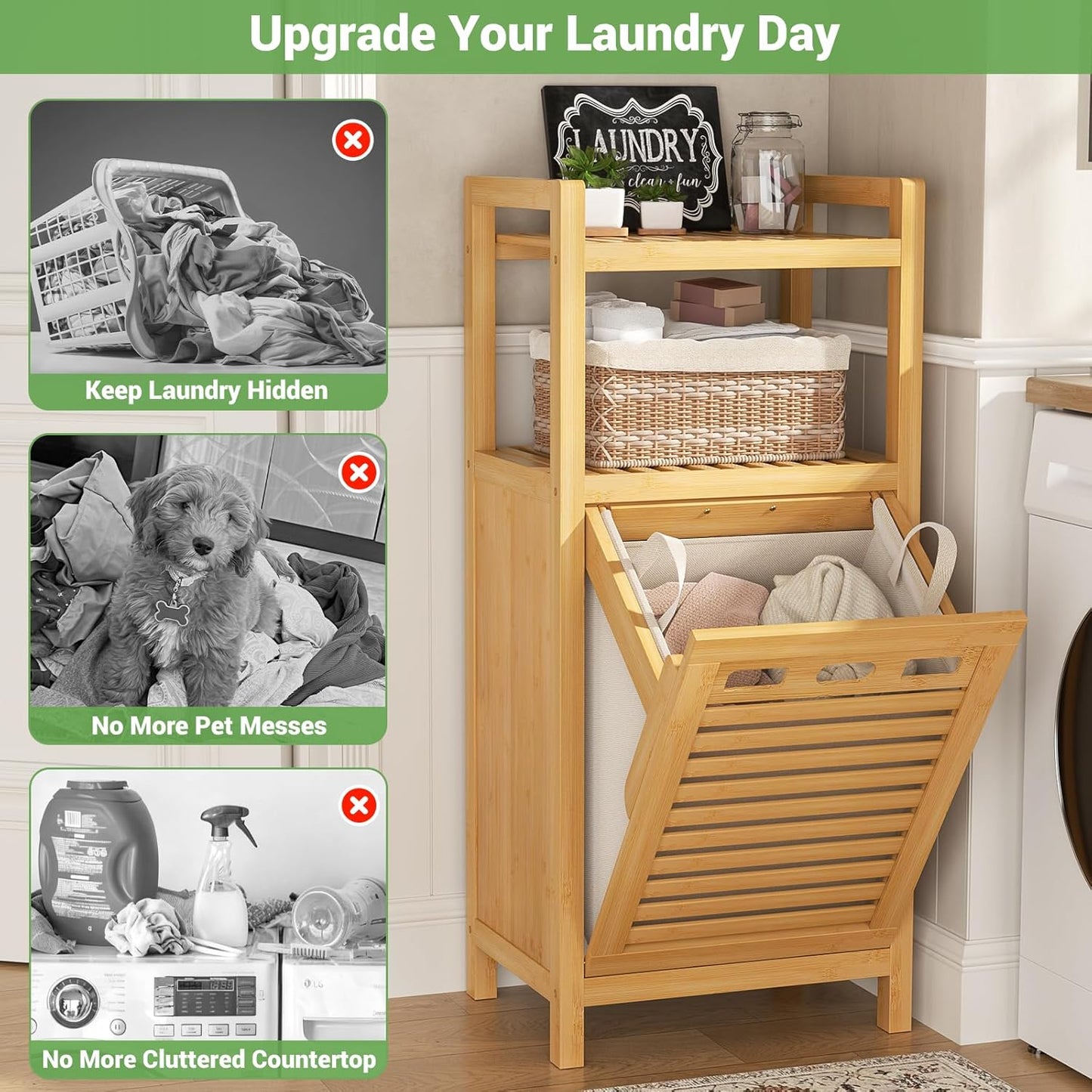 Homykic Tilt Out Laundry Hamper, 10 Gal Bamboo Laundry Storage Cabinet with Removable Basket, Hidden Hamper Organizer with Shelf for Dirty Clothes, Bathroom, Laundry Room, Space Saving, Natural