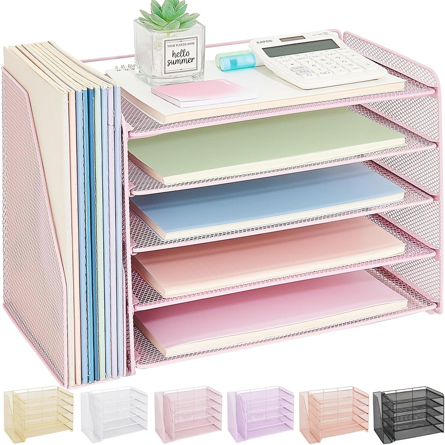 OPNICE 5-Tier Paper Organizer with Magazine Holder, Desk Organizers and Accessories, Office Desk Accessories & Workspace Organizers, Desktop File Organizer for Office Supplies Storage, Pink
