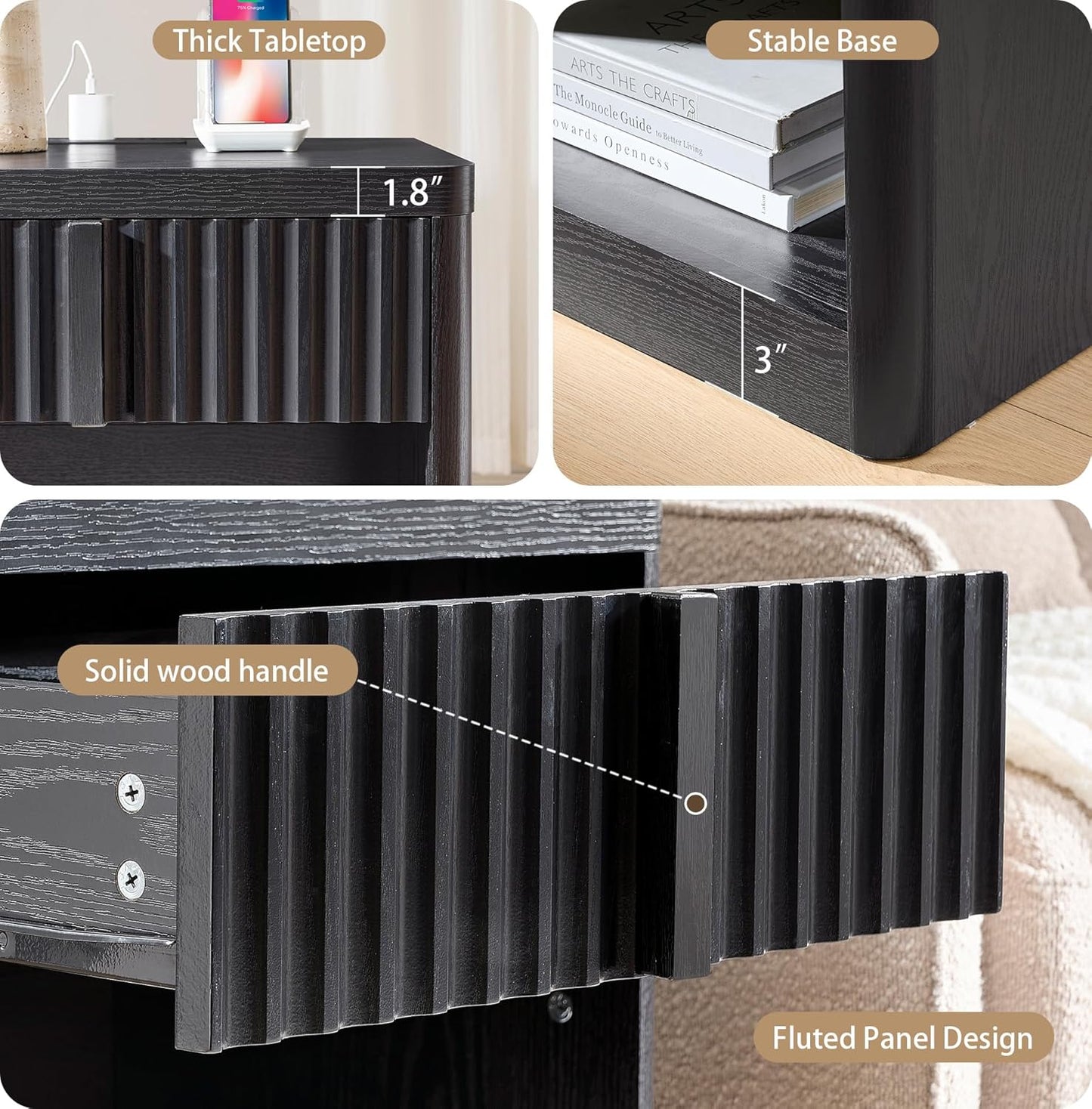 Fluted Nightstand Set of 2 with Charging Station, 23.6" End Table with Open Shelf and Drawers Storage, Bedside Table with Solid Wood Handle, Curved Profile Design, Night Stand for Bedroom