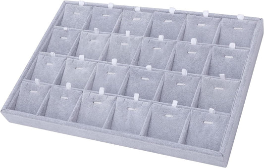 Mornajina 24 Grids Stackable Jewelry Tray Organizer with Removable Dividers, Velvet Jewelry Display Tray for Earrings Necklaces Bracelet Rings Display Showcase - Grey