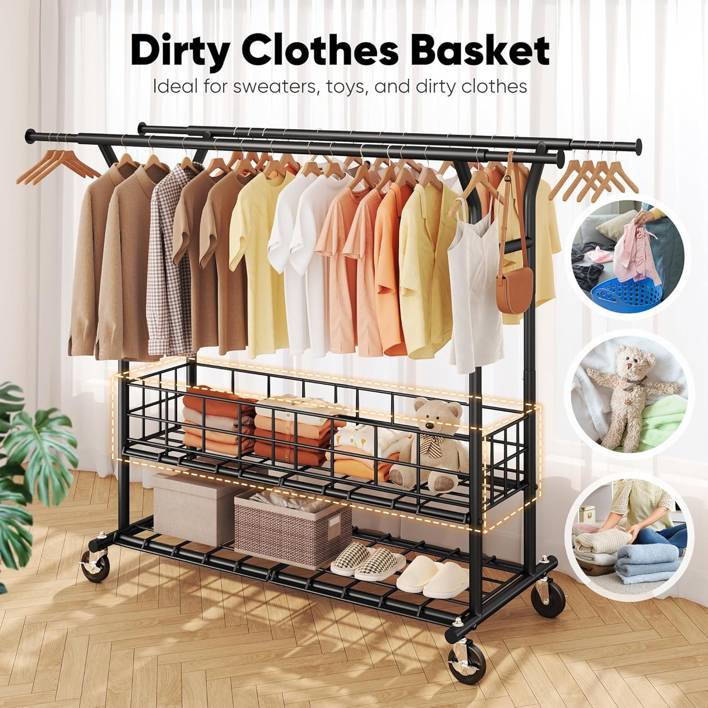 HOKEEPER Heavy Duty Clothes Rack Load 625 LBS, Clothing Rack for Hanging Clothes, Adjustable Black Double Rod with Metal Basket, Portable Rolling Garment Rack with Wheels for Bedroom, Laundry Room