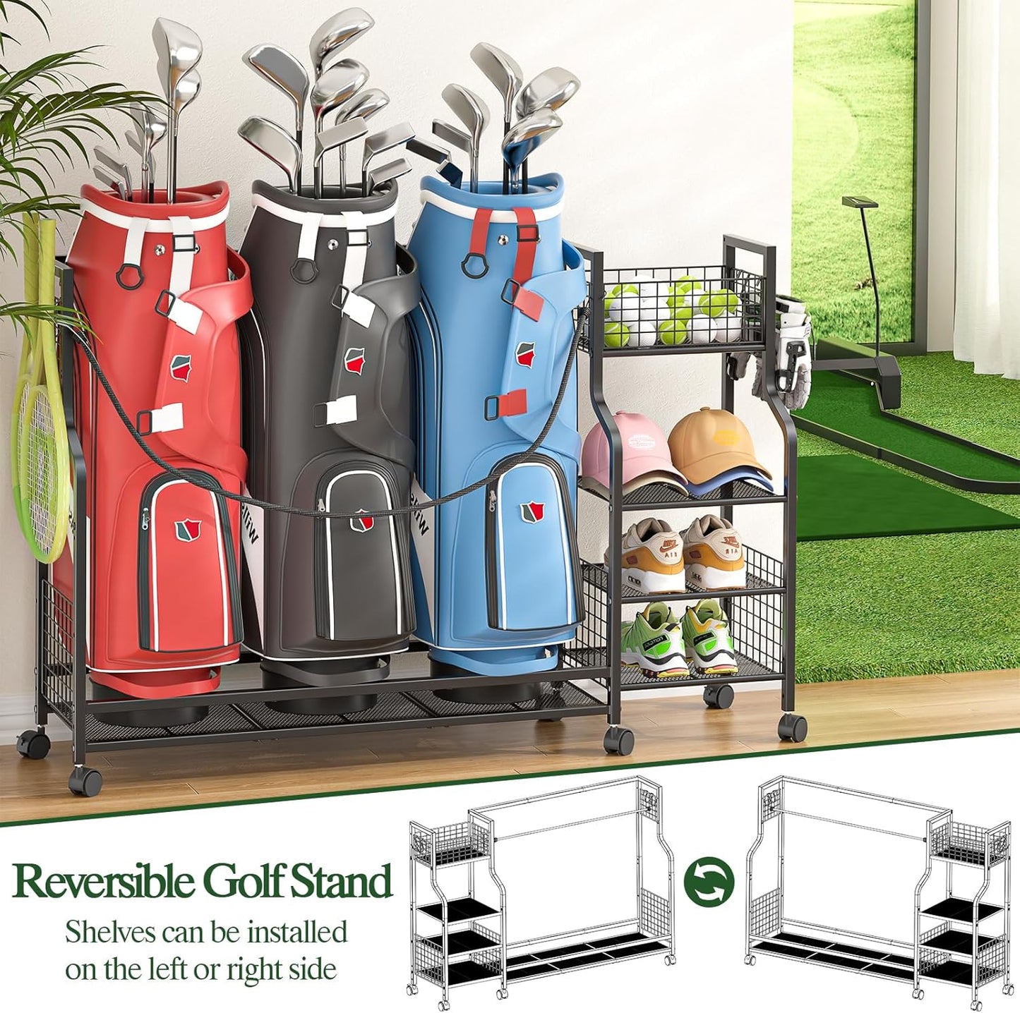 Golf Bag Storage Rack for Garage with Wheels, Organizer for Golf Bag and Equipment Accessories, Golf Organizer Stand Ideal for Home, Garage, Club, Shed, Basement - Sturdy and Durable (Black)