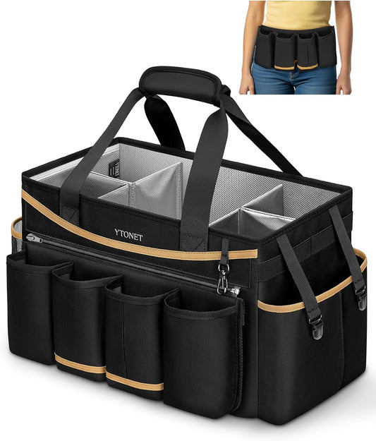 Ytonet Cleaning Caddy Bag with Detachable Apron, Extra Large Cleaning Supplies Organizer with Foldable Dividers, Portable Cleaner Tote with Handle, Cleaner Caddy for Housekeeper, Black