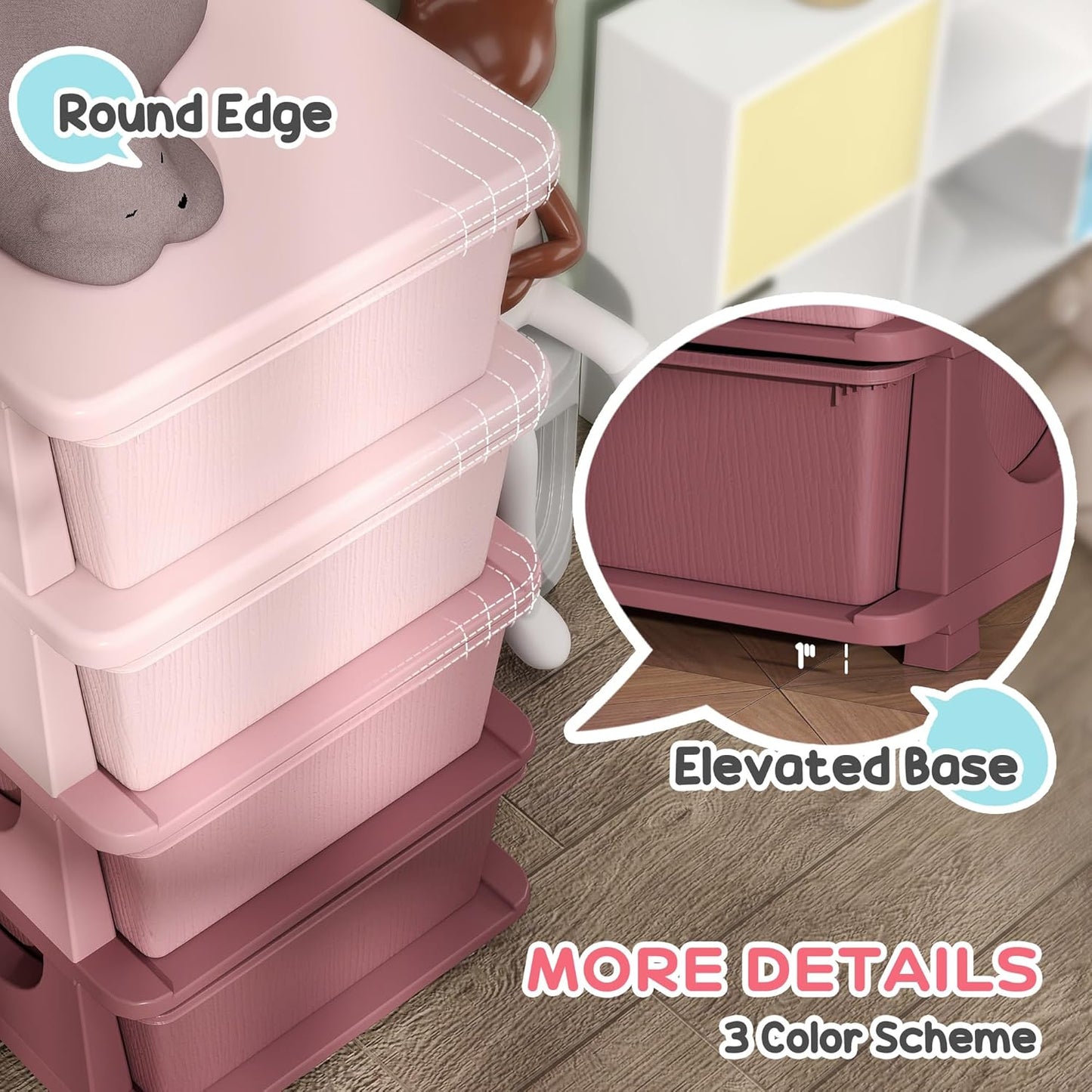 Qaba 4 Tier Kids Storage Unit, 4 Drawer Chest Toy Organizer Plastic Bins for Kids Bedroom Nursery Kindergarten Living Room for Boys Girls Toddlers, Pink