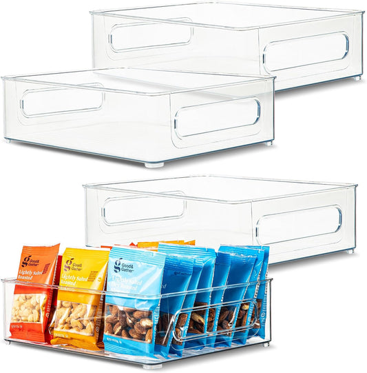 primebox Plastic Food Storage 4 Pack Clear Container Bin with Handles for Organizing Kitchen, Pantry, Refrigerator, Freezer, Pantry, Cabinet, Closet, Bathroom. Stackable 10”x8”x3”