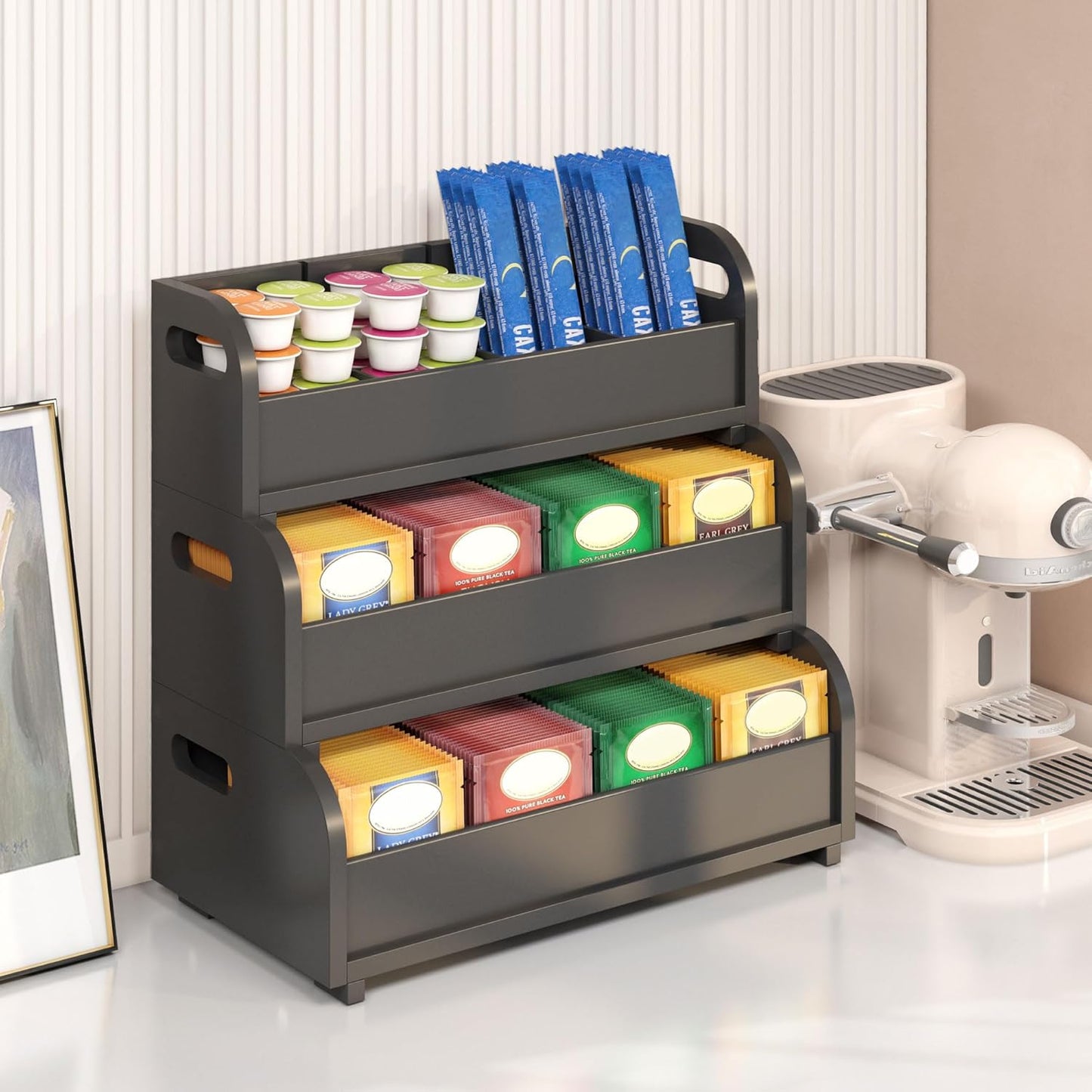 Wisuce Tea Holder for Tea Bags Organizer - Black Bamboo Tea Organizer for Tea Bags 3-Tier Stackable Wall Mount Large Capacity Tea Storage Box to Pantry Countertop Kitchen Office