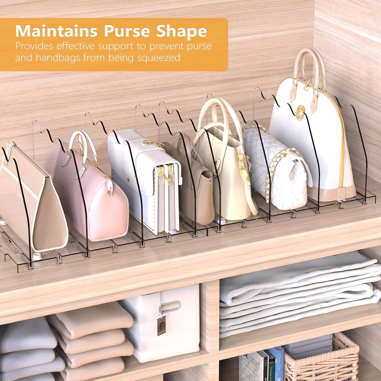 Ronlap Purse Storage Organizer for Closet, Clear Closet Bag Storage Dividers Rack Shelf Purse Dividers for Closet Organization Handbag Separators Closet Purse Organizers and Storage, 2 Pack, Clear