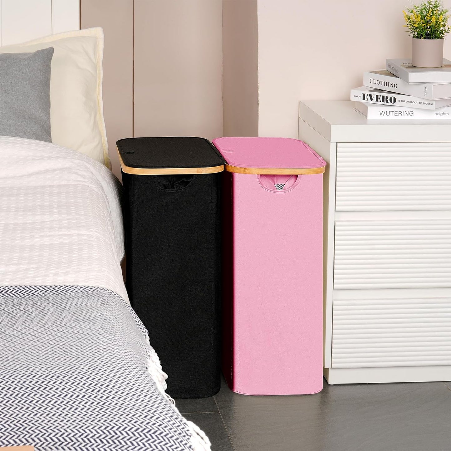 efluky Slim Laundry Basket with Lid, Narrow Laundry Hamper with Removable Bag, Skinny Dirty Clothes Basket with Bamboo Handles for Bathroom, Bedroom & Laundry Room, 65L Pink