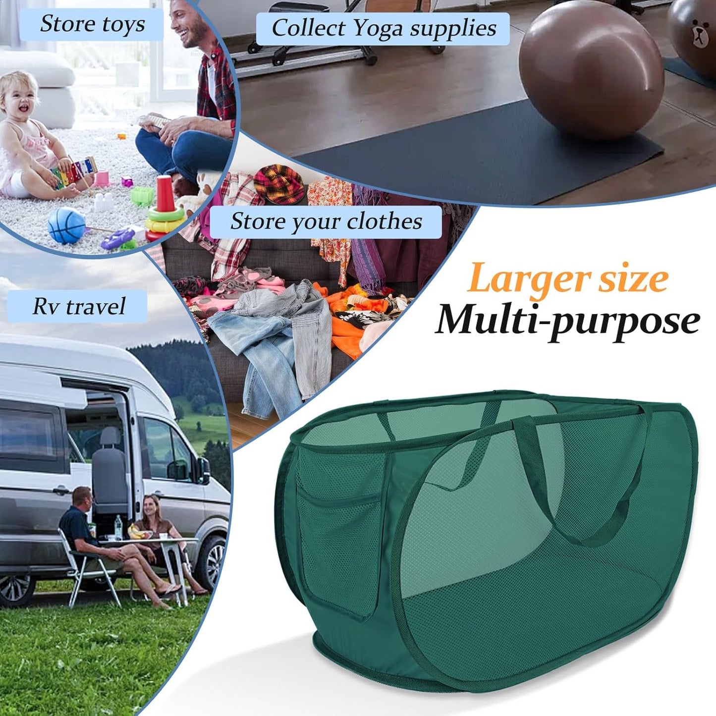 100L Foldable Laundry Baskets 2 Pack, Extra Large Mesh Pop Up Laundry Hamper, Dirty Clothes Hamper with Handles, Pop-up Hampers for Laundry Travel. Dorm or Home Portable Clothes Baskets.Green 2H
