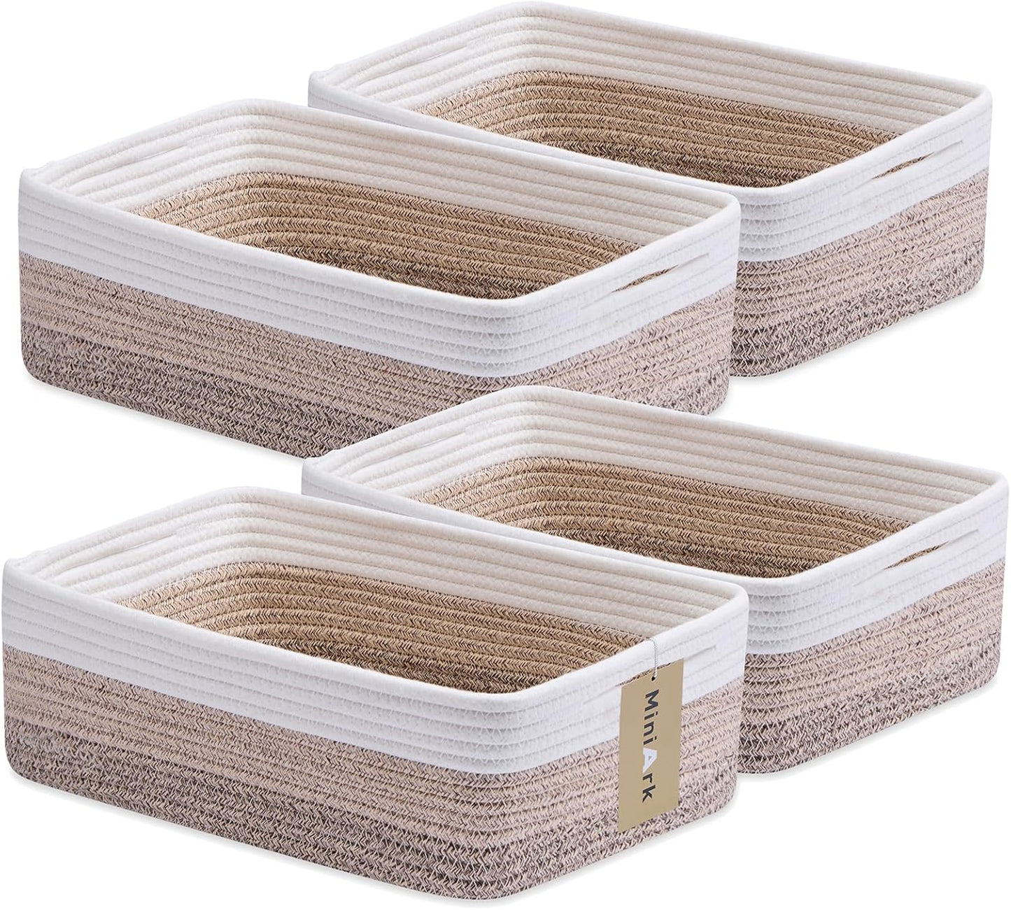 Large Shallow Organizing Baskets 15x11x5.1 Inches - Rope Woven Storage Bins for Bathroom, Shelves, Cube Closet, Gradient Brown 4 Packs