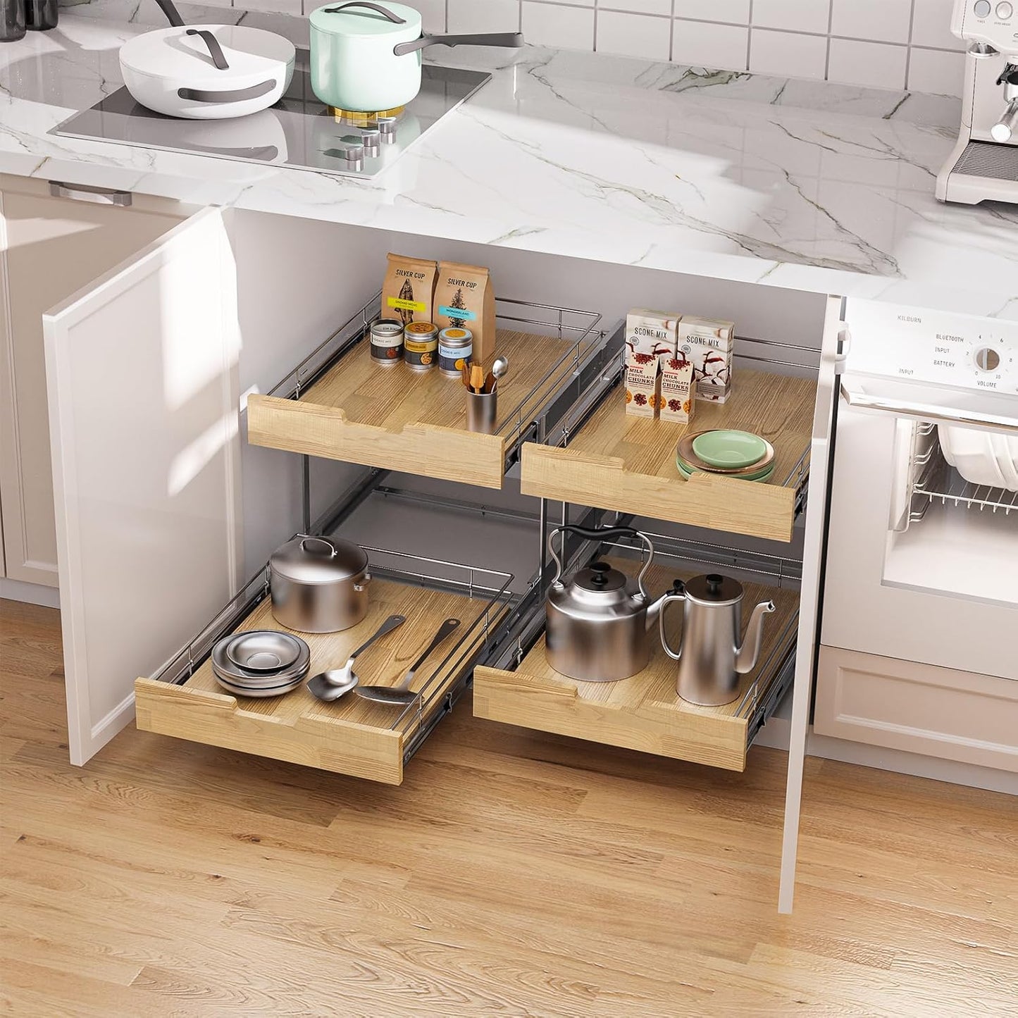 Pull Out Cabinet Organizer,Heavy-Duty Slide Out Shelf, Wood and Wire Basket, Pull Out Drawer for for Kitchen Under Sink Space, Pantry, Bathroom, 2 Tie 26 * 21 in